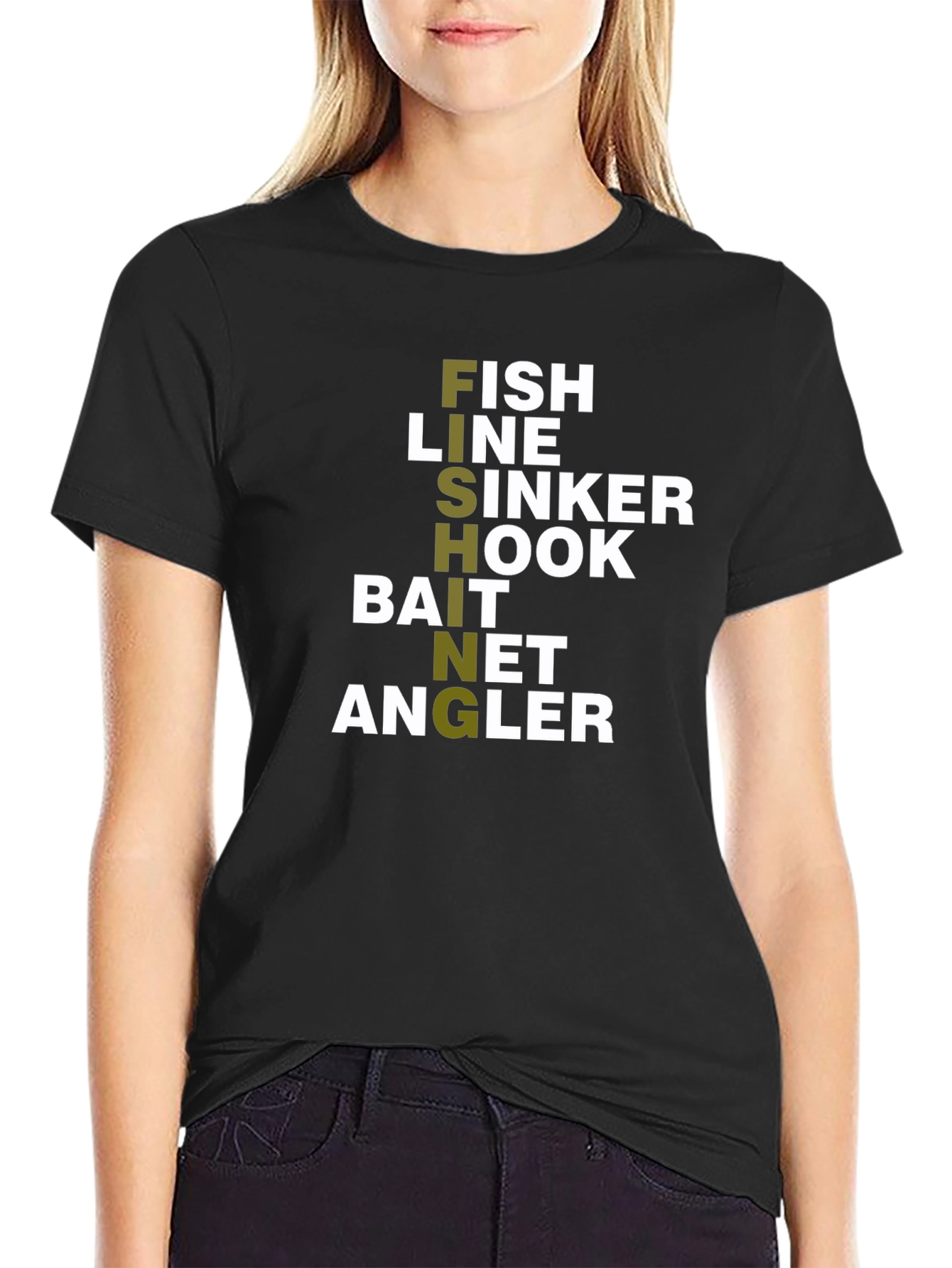 Black Fishing T-Shirt: Fish, Hook, Line, Bait, Angler Design view 2