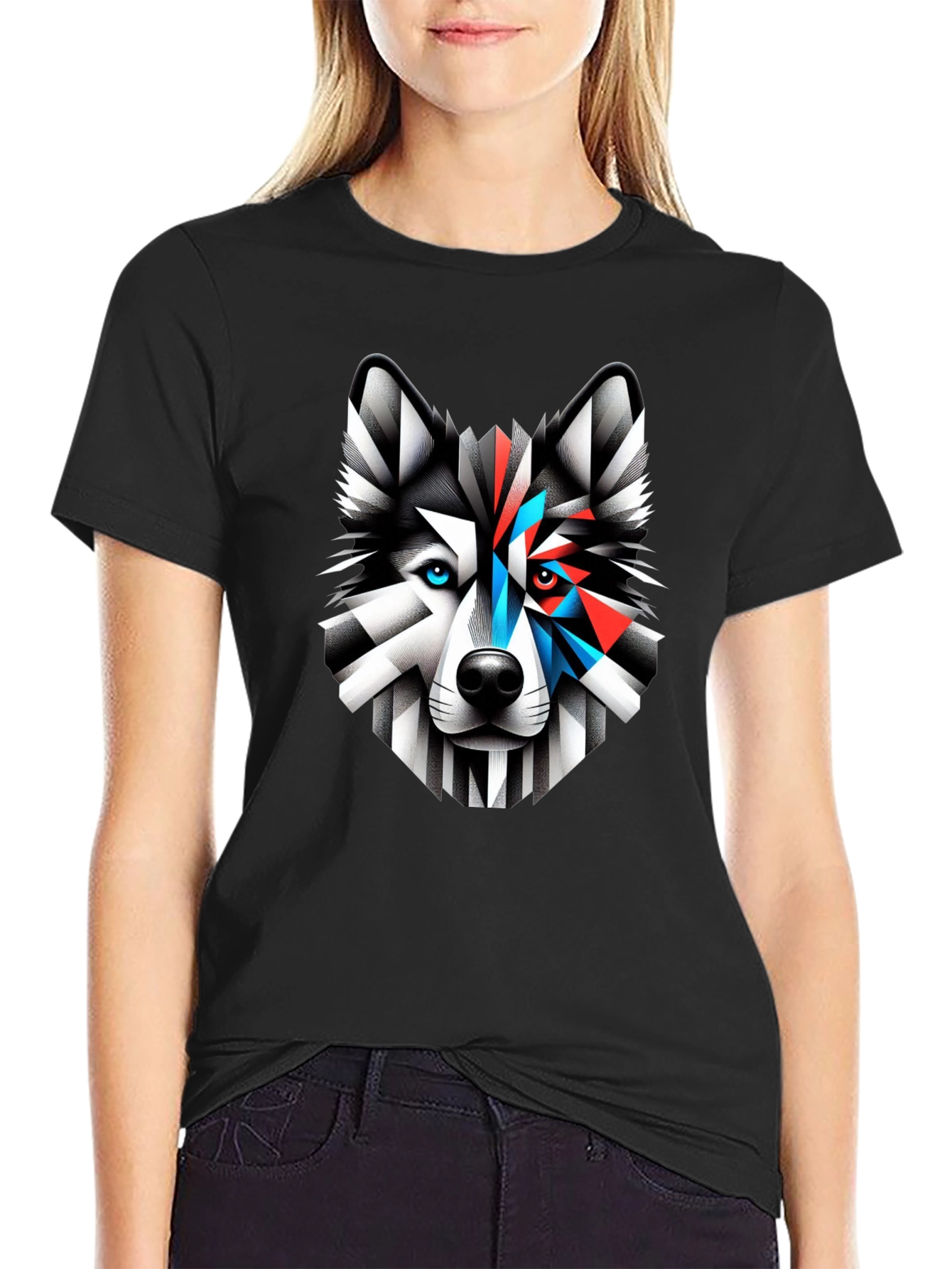 Black Geometric Wolf Graphic Print Tee view 2