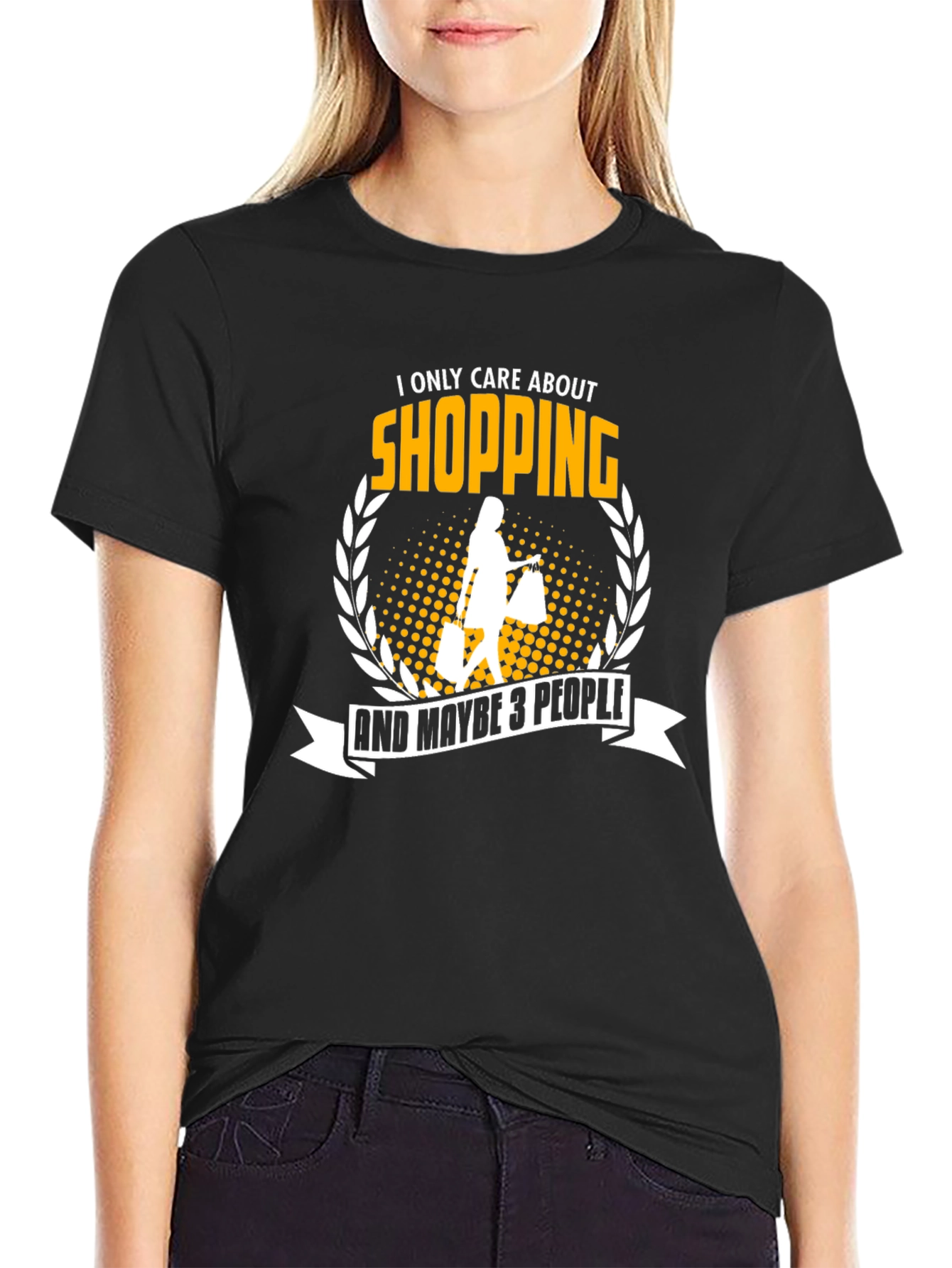 Black Shopping Obsessed T-Shirt - Care About Shopping & Maybe 3 People view 2