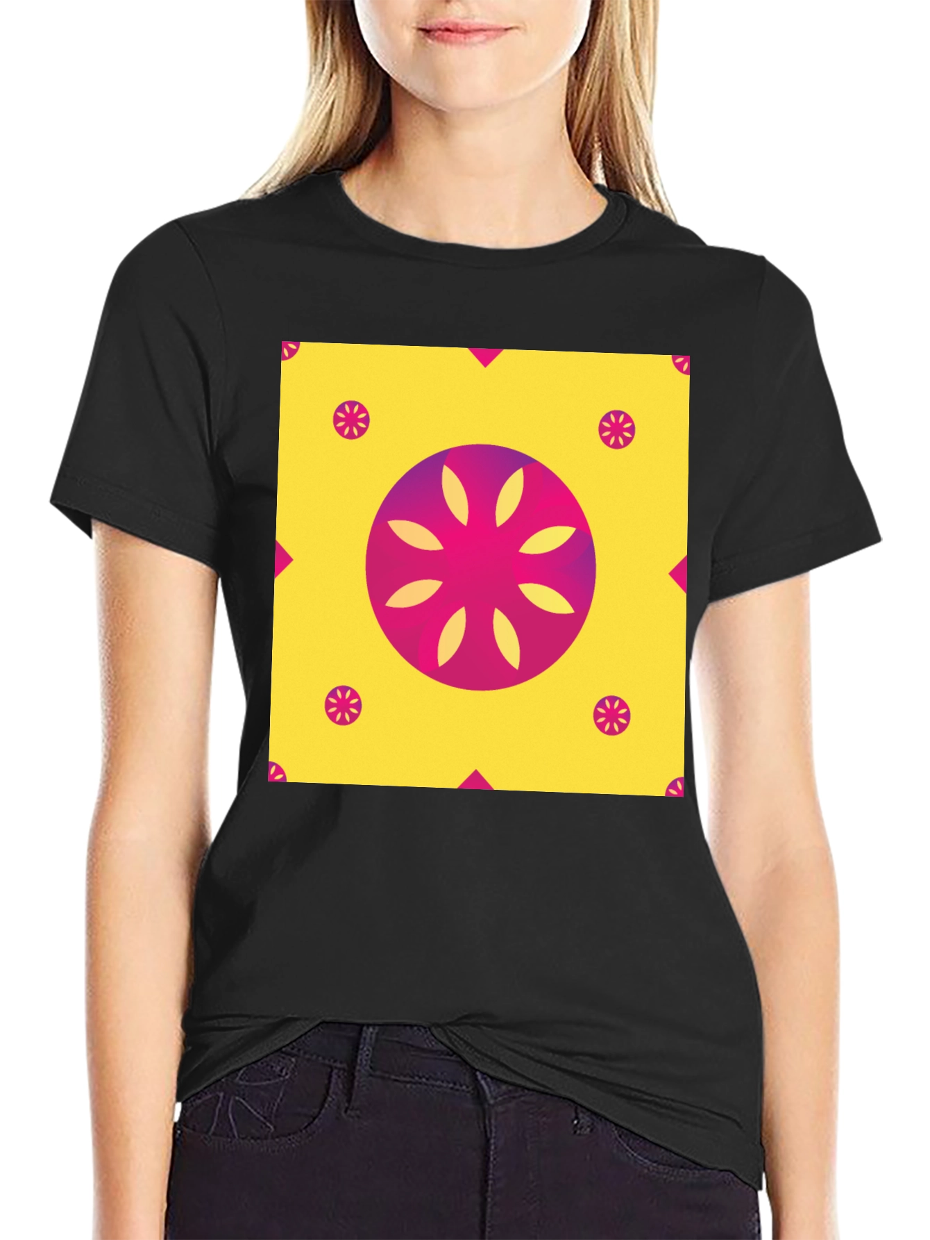 Black Geometric Floral Print T-Shirt - Vibrant Design view 2
