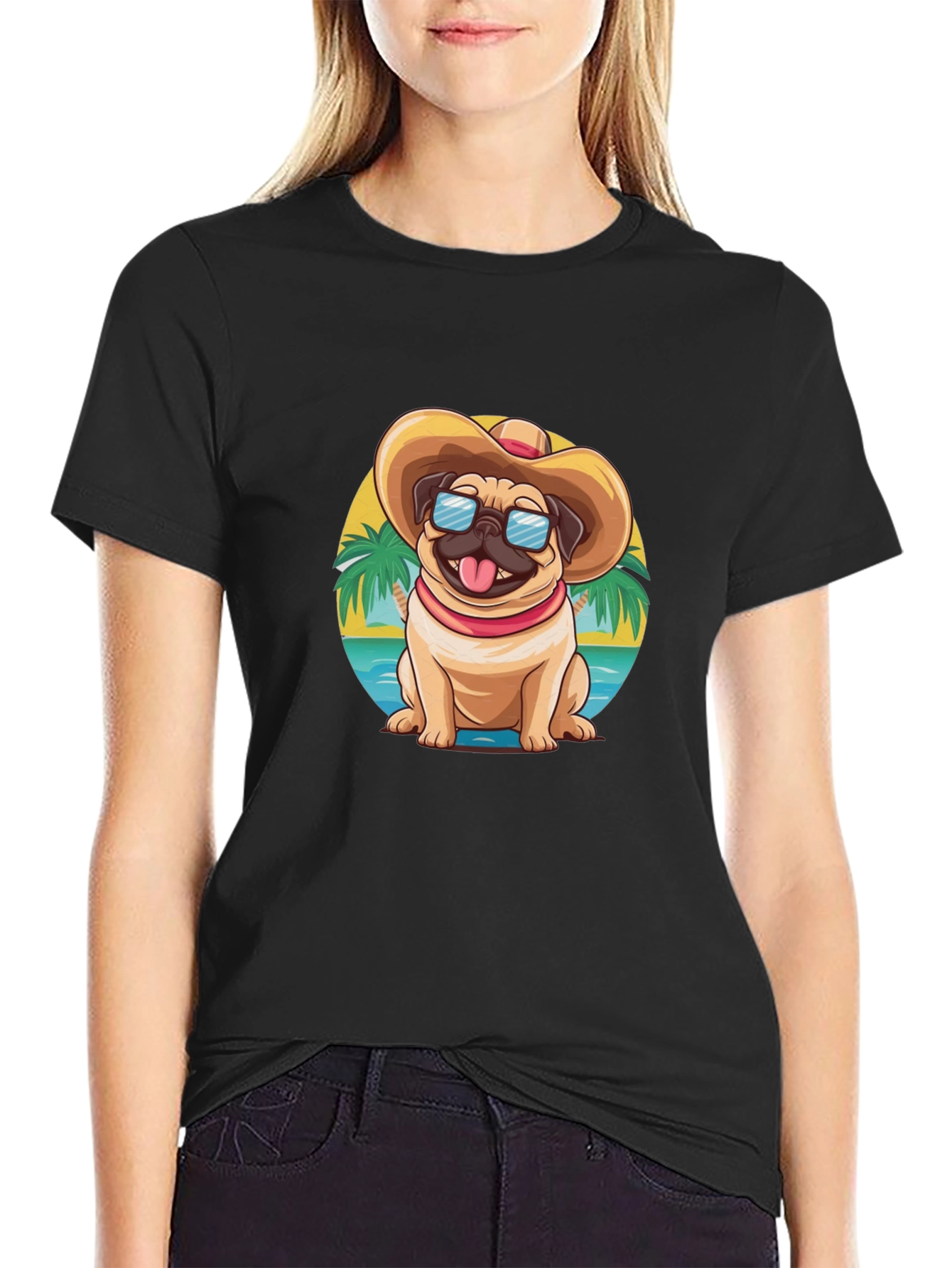 Black Pug Beach T-Shirt - Summer Dog Tee view 2