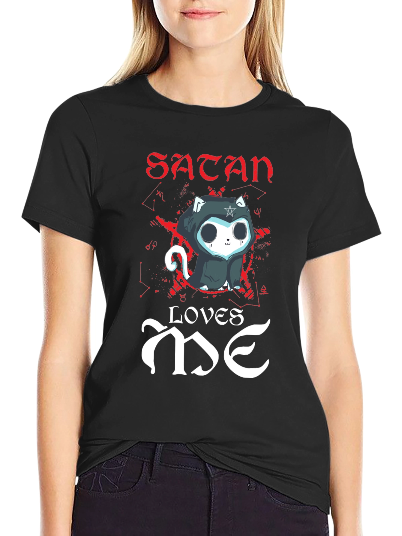Black Satan Loves Me Cat Graphic Tee - Black Cotton T-Shirt view 2