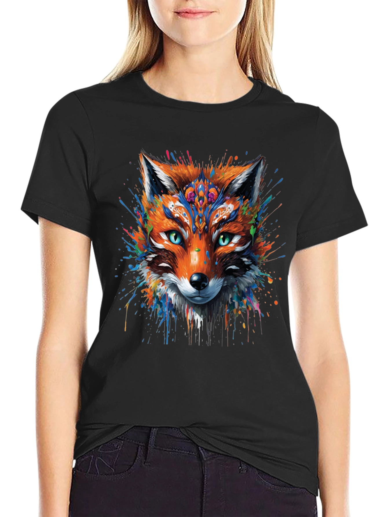 Black Abstract Fox Graphic Black T-Shirt view 2