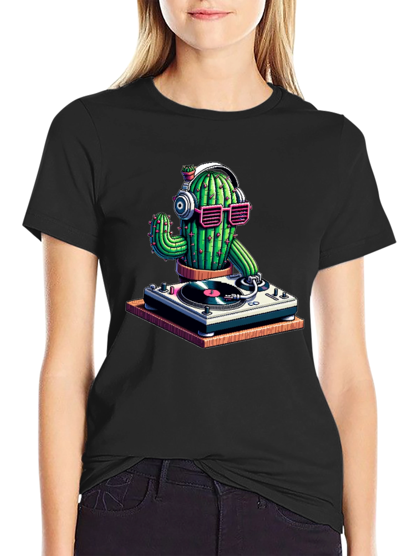 Black DJ Cactus T-Shirt - Black Cotton Tee view 2