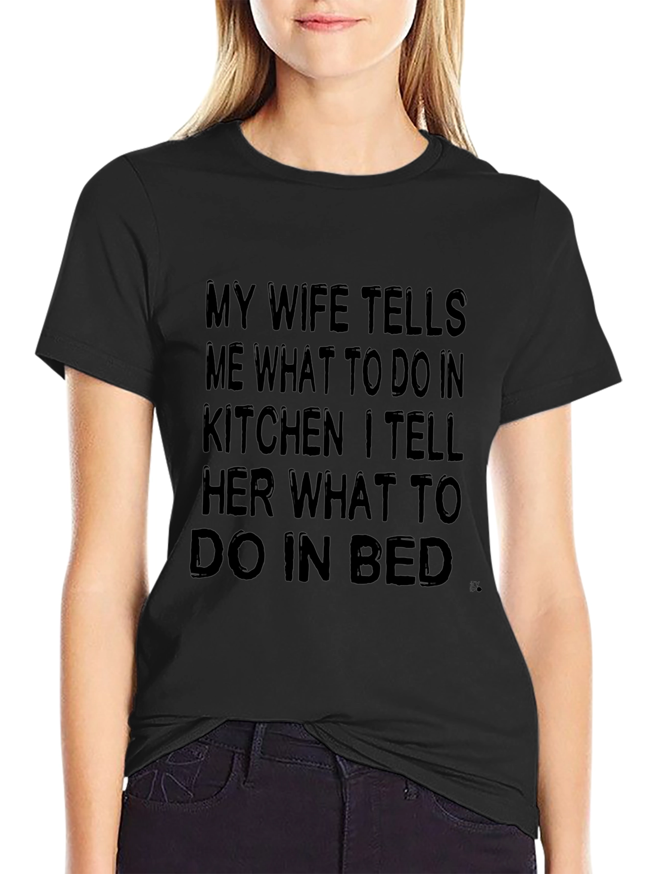 Black Funny Husband Wife T-Shirt - Kitchen & Bed view 2