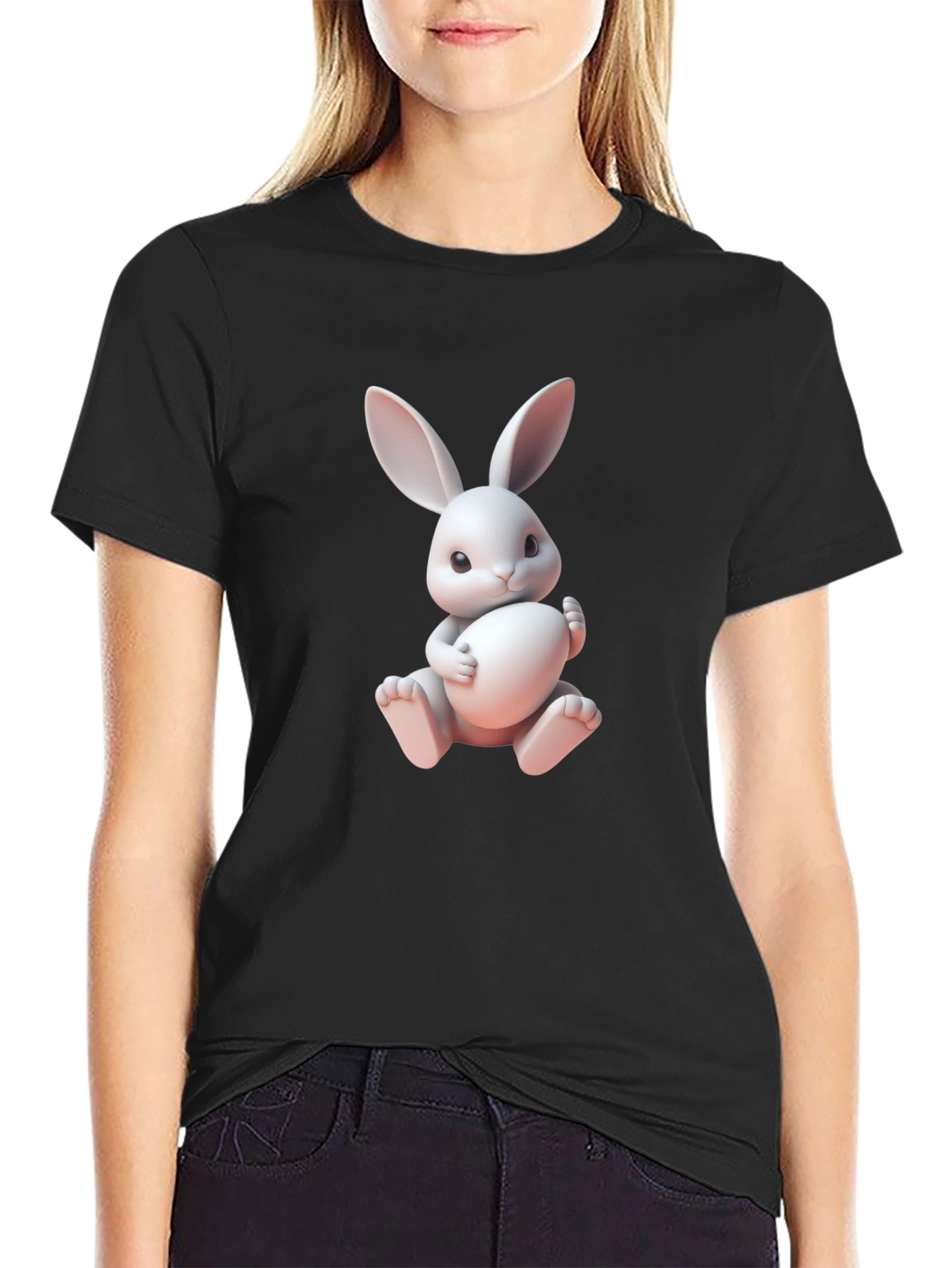 Black Cute Bunny Graphic Tee - Soft Cotton Blend view 2