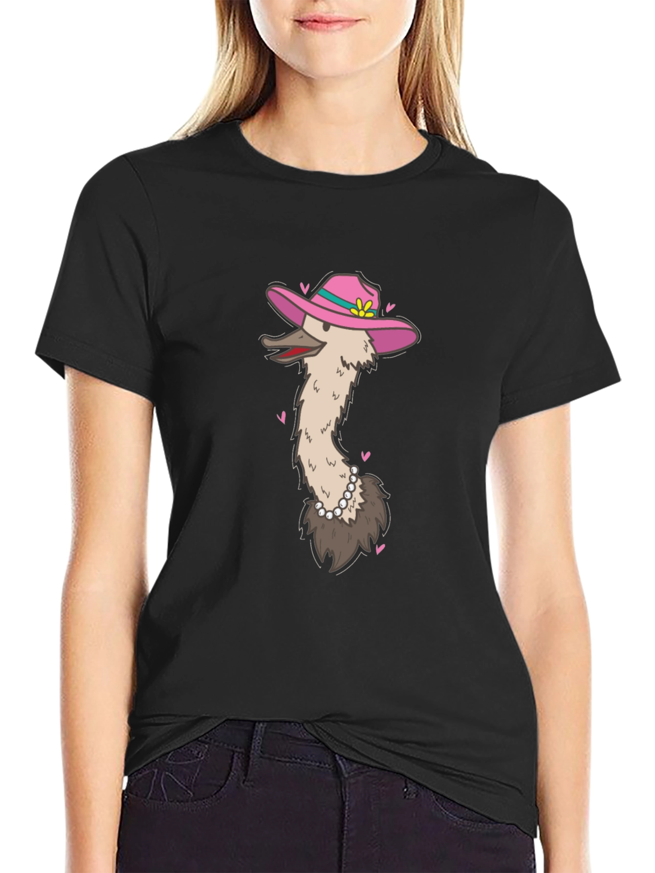 Black Ostrich in Hat Graphic Tee - Black Cotton T-Shirt view 2