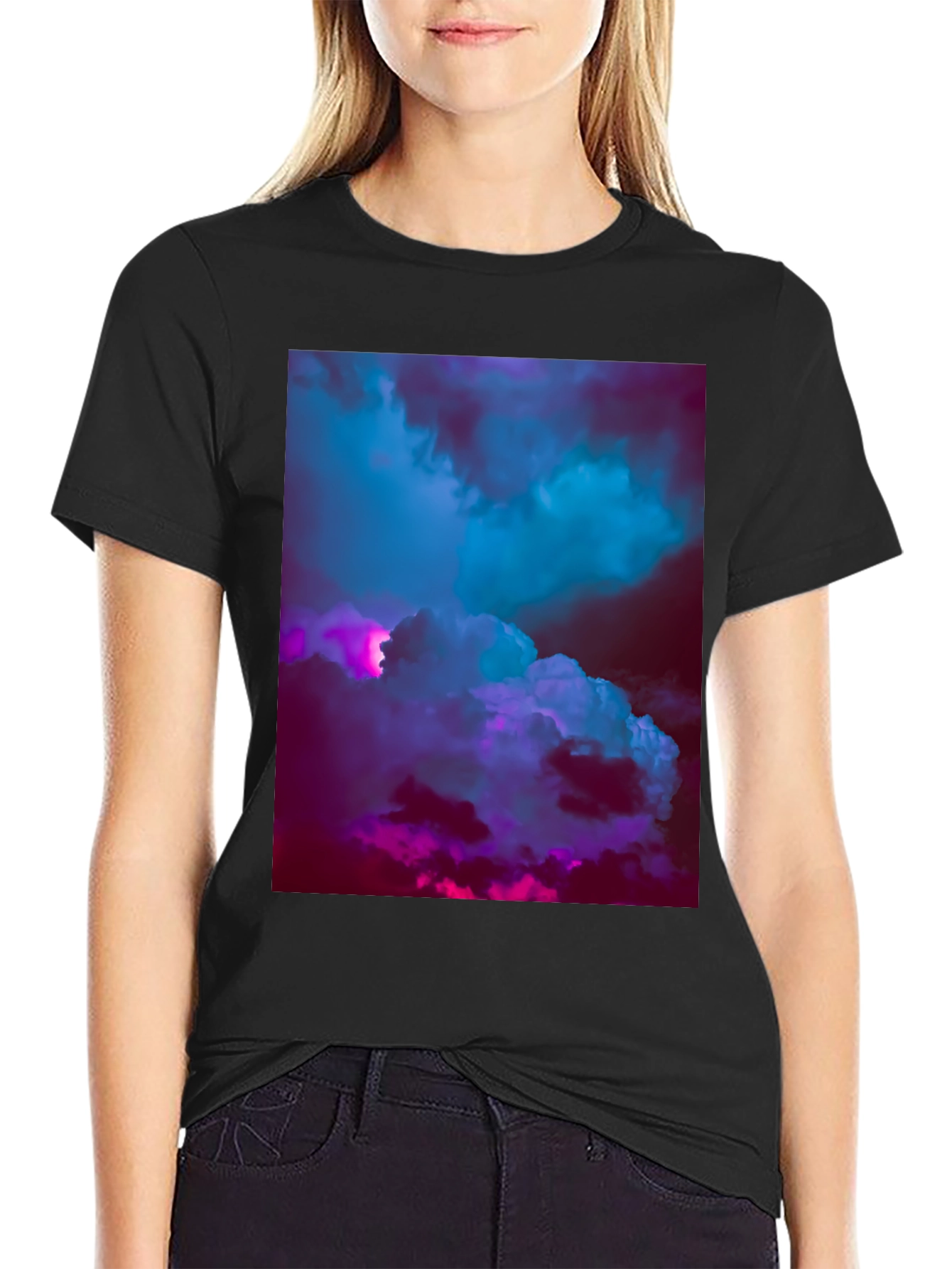 Black Vaporwave Clouds Graphic Tee - Black Cotton T-Shirt view 2