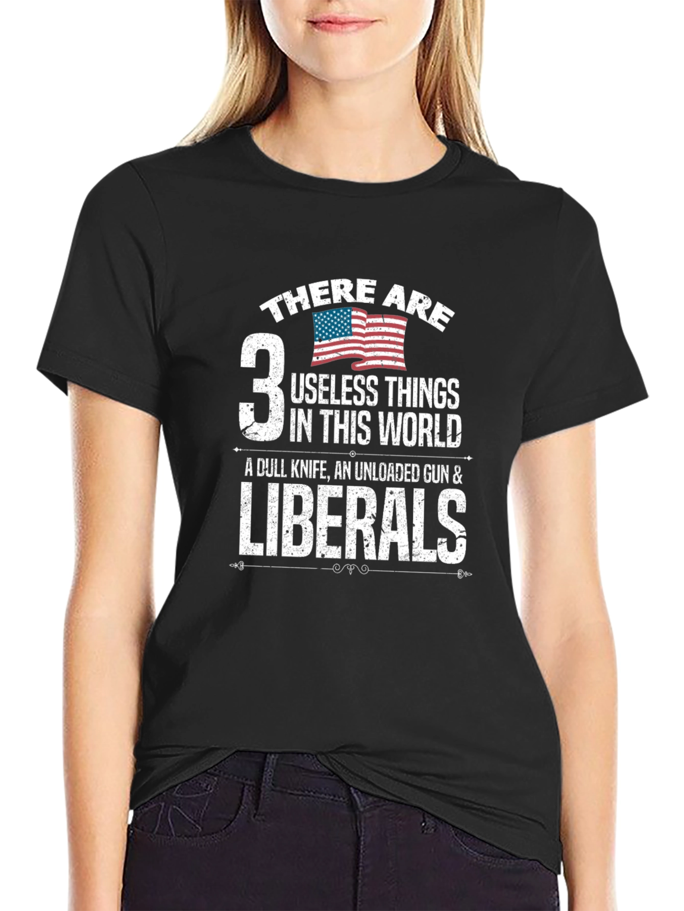 Black 3 Useless Things Funny Political T-Shirt view 2