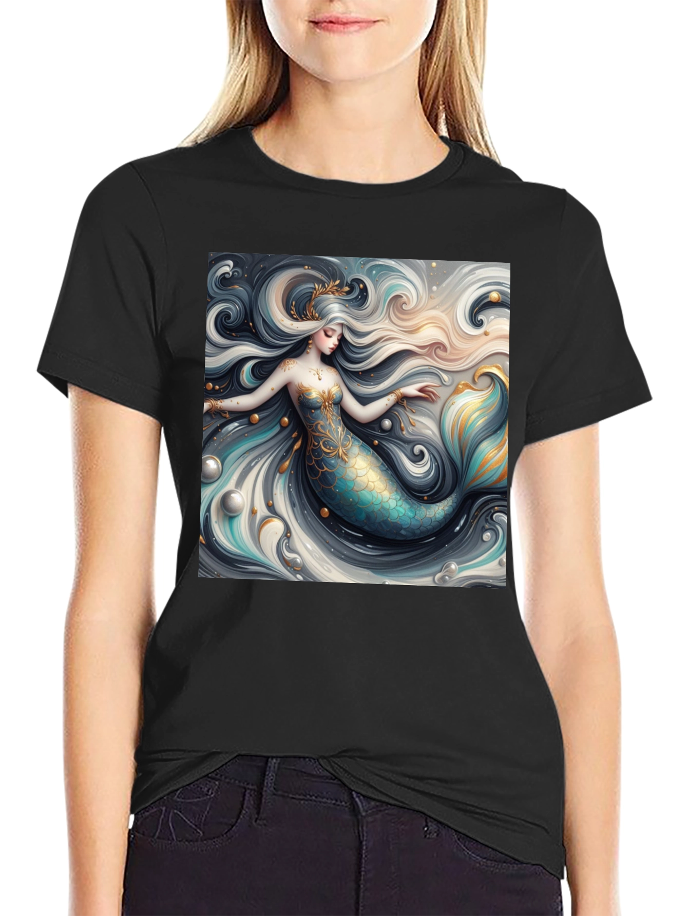 Black Mermaid Graphic Tee - Stylish Fantasy Print view 2