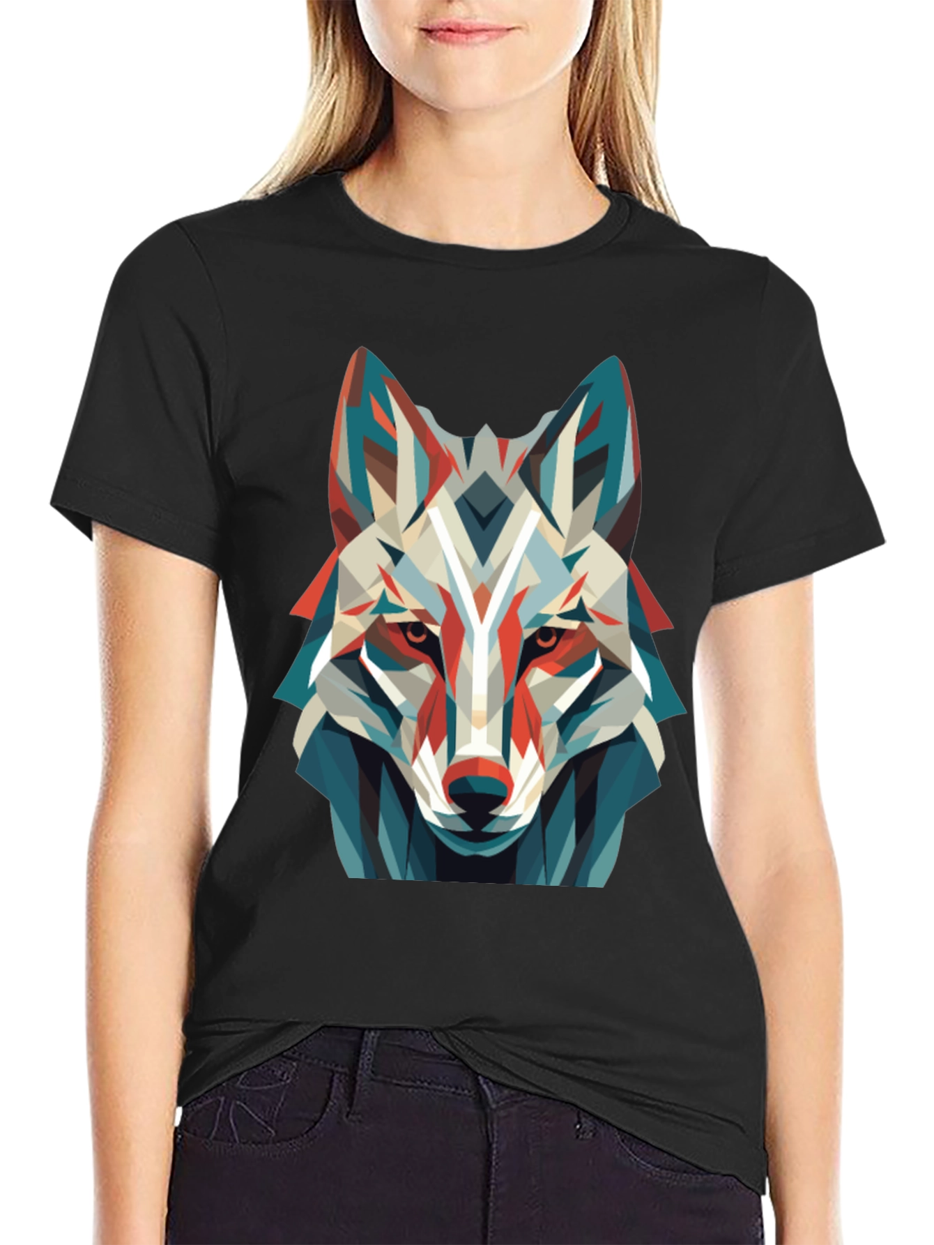 Black Geometric Wolf Graphic Tee - Modern Art Shirt view 2
