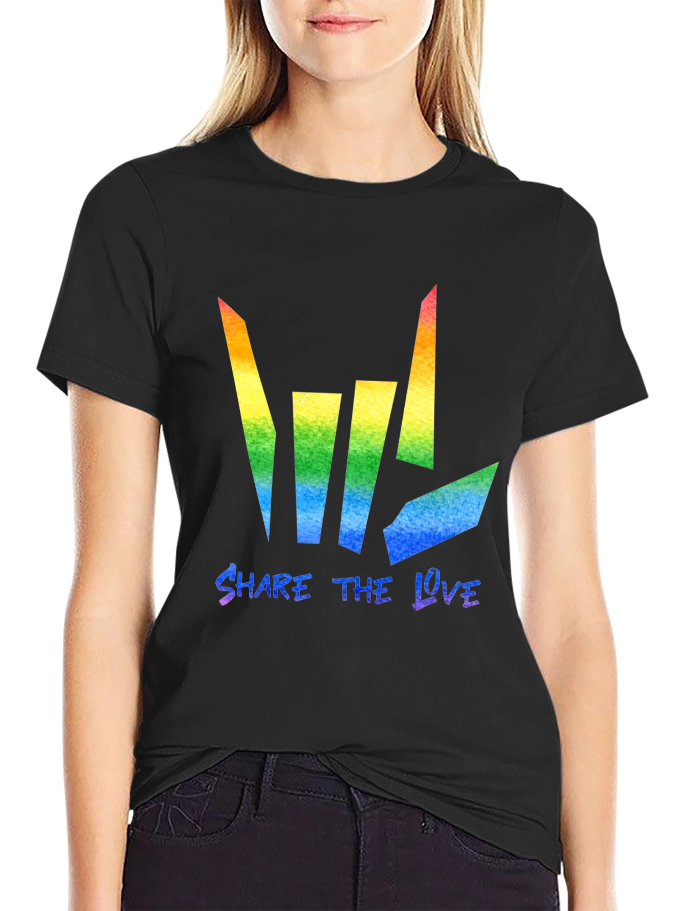Black Share the Love Rainbow Graphic Tee - Black Cotton Blend view 2
