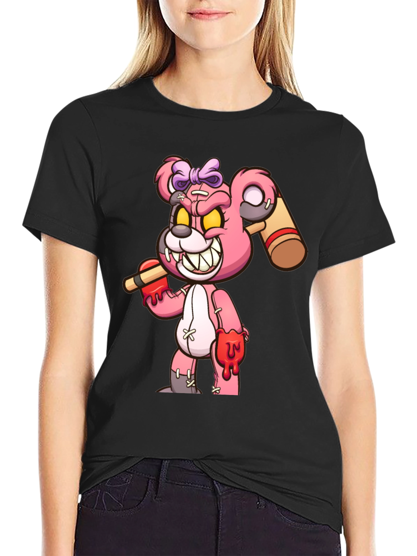 Black Scary Bloody Teddy Bear Graphic T-Shirt view 2