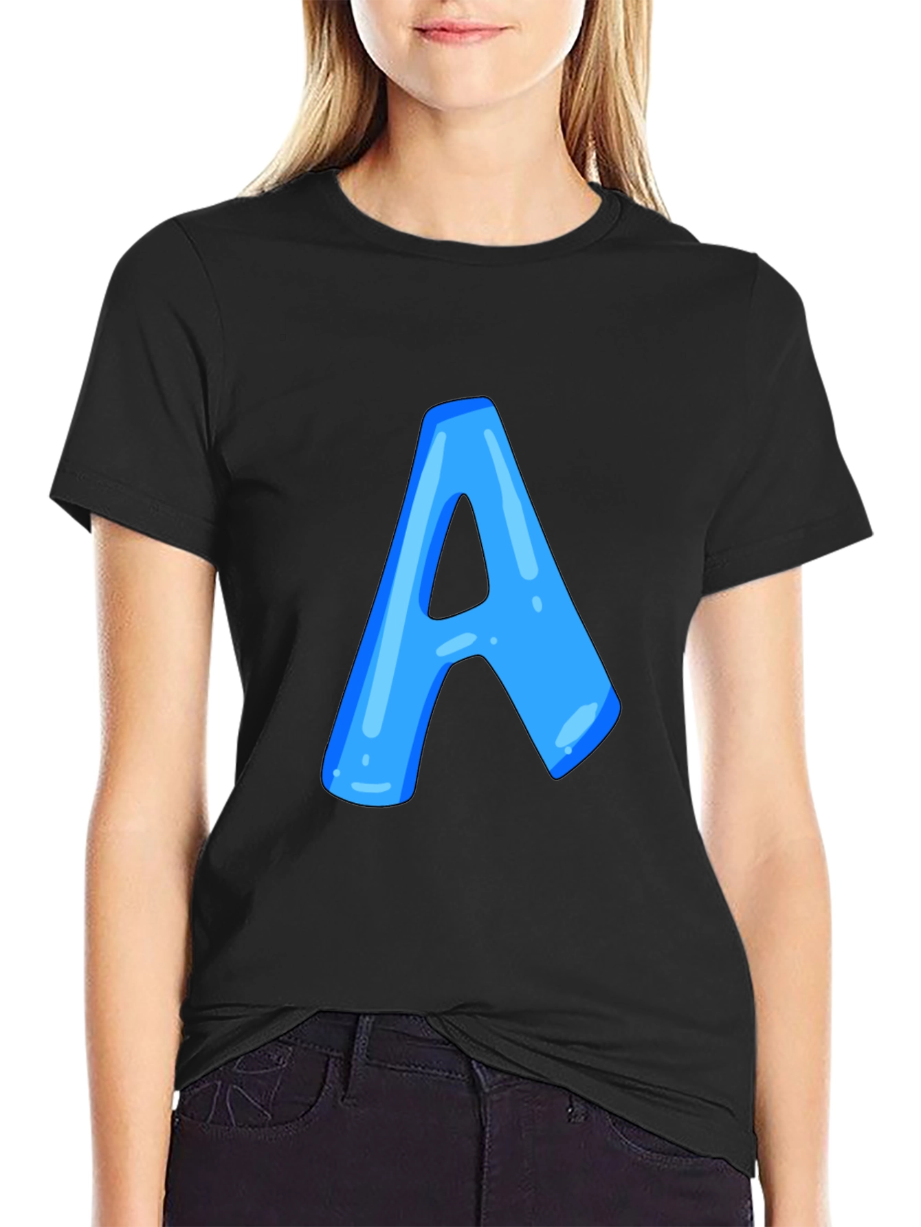 Black Men's Black T-Shirt with Blue Letter "A" Design view 2