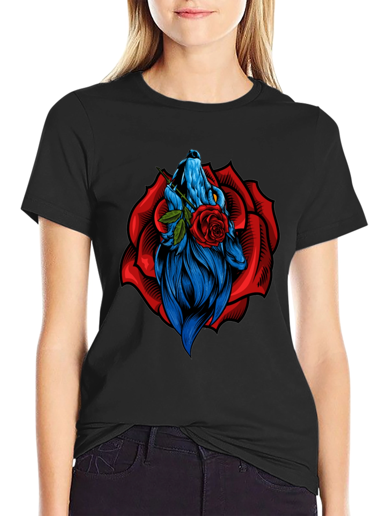 Black Wolf Rose Graphic T-Shirt - Unique Animal Design view 2