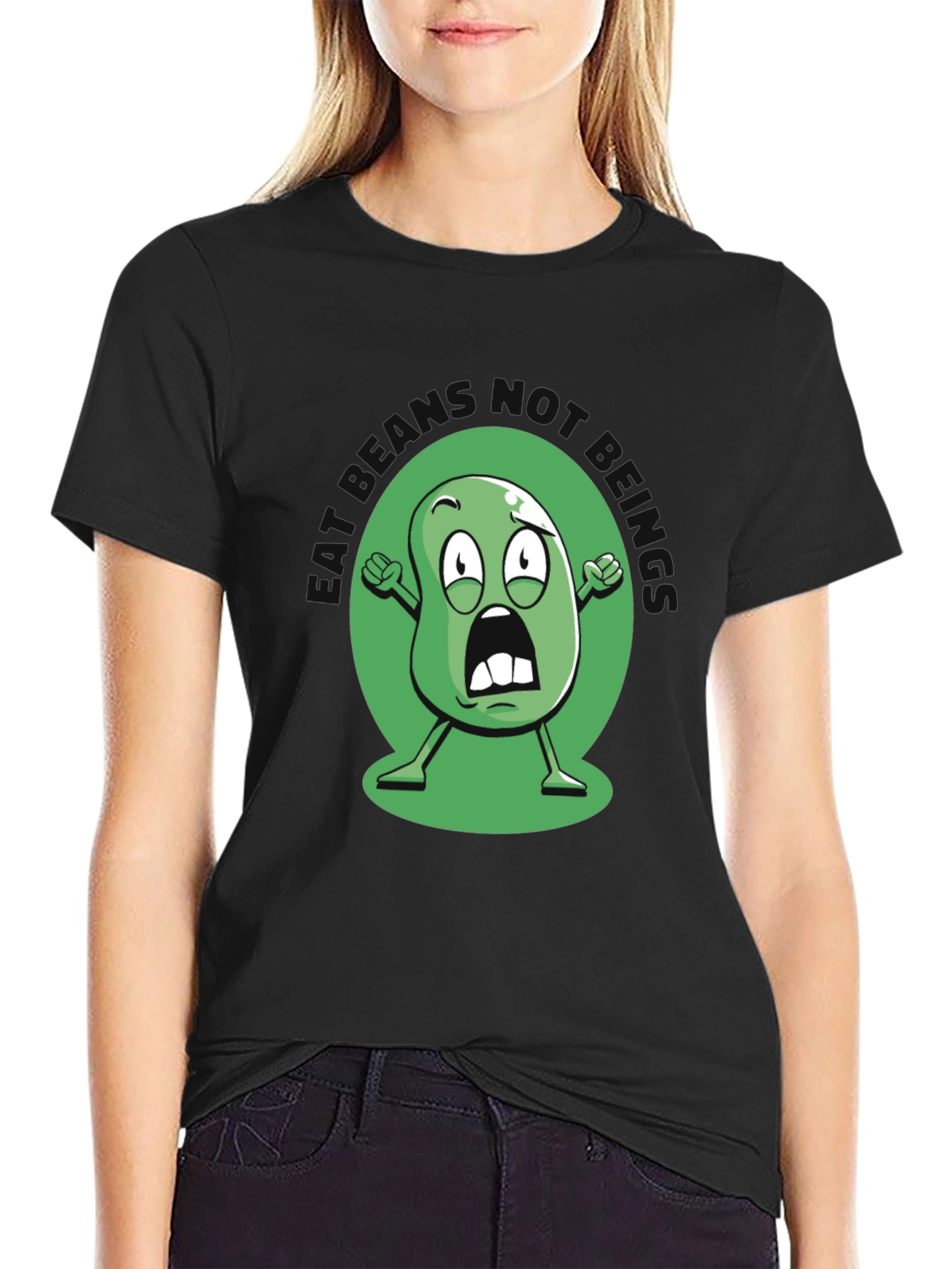 Black Funny Cartoon Bean Graphic T-Shirt view 2