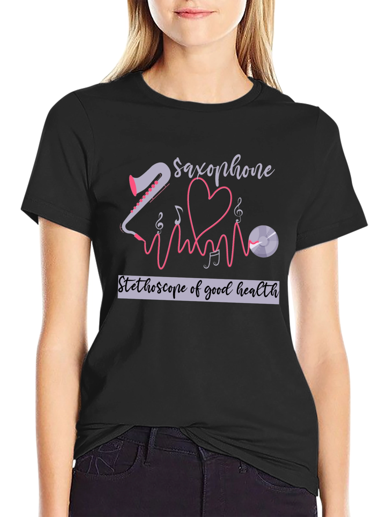 Black Saxophone Stethoscope Health T-Shirt view 2