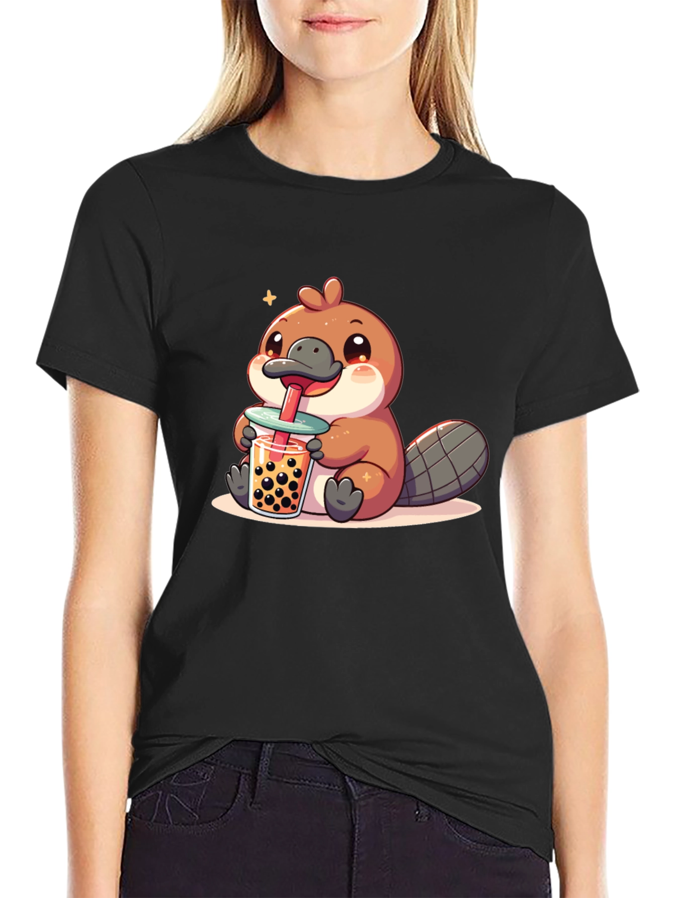 Black Cute Beaver Boba Tea Graphic Tee view 2