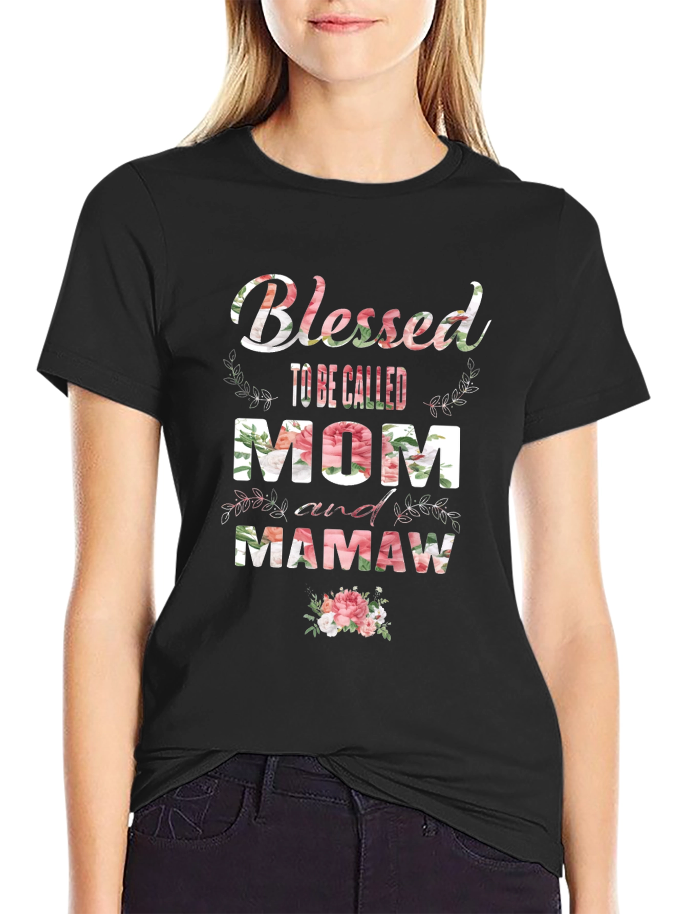 Black Blessed Mom and Mamaw Floral T-Shirt view 2