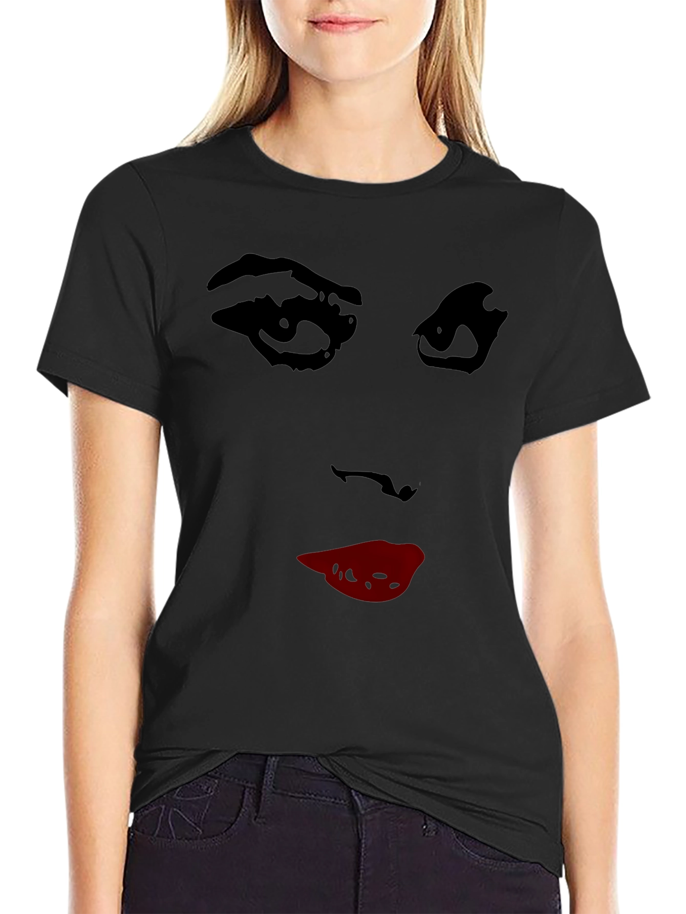 Black Abstract Face Graphic Tee - Stylish Crew Neck T-Shirt view 2