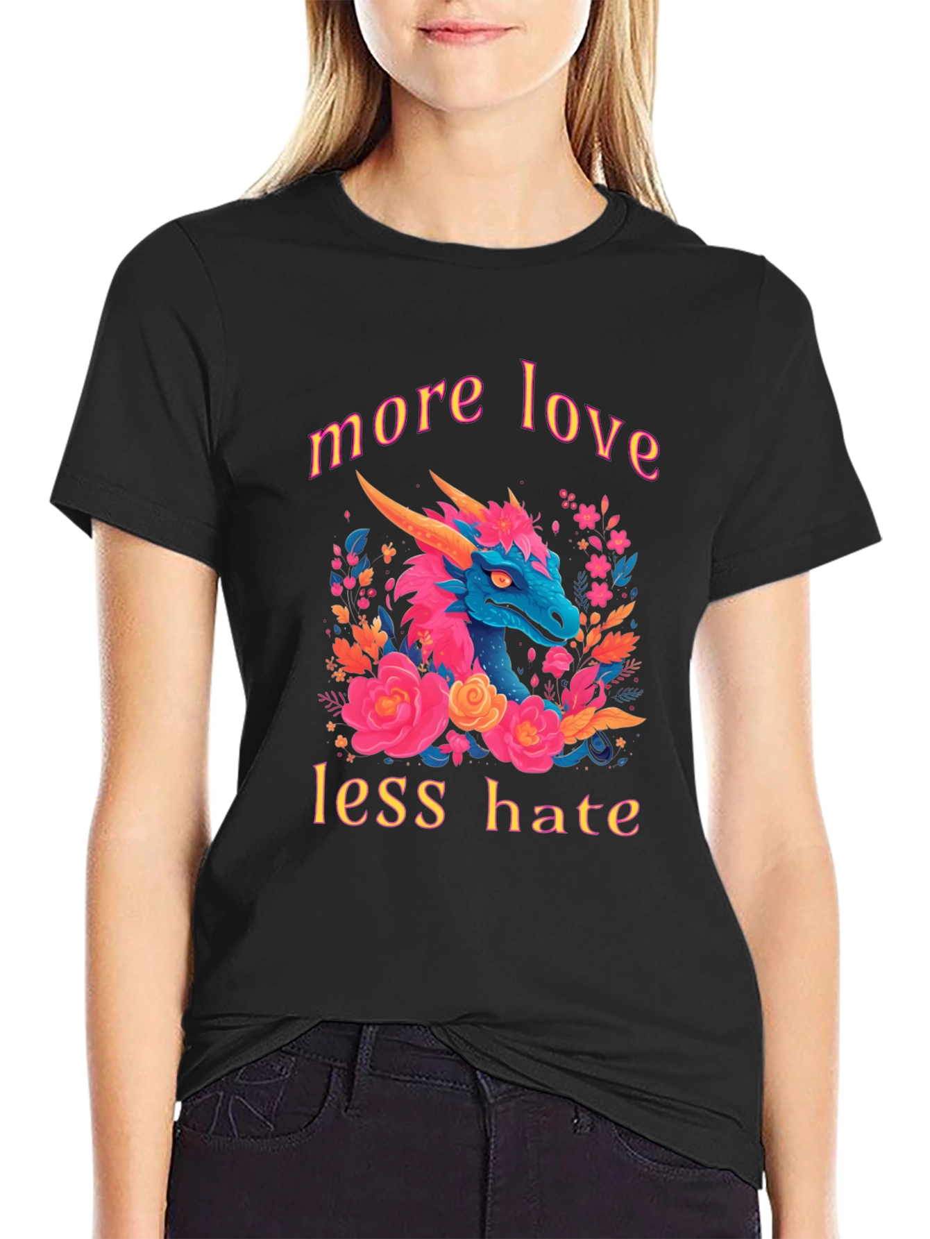 Black Dragon Love T-Shirt - More Love Less Hate Graphic Tee view 2