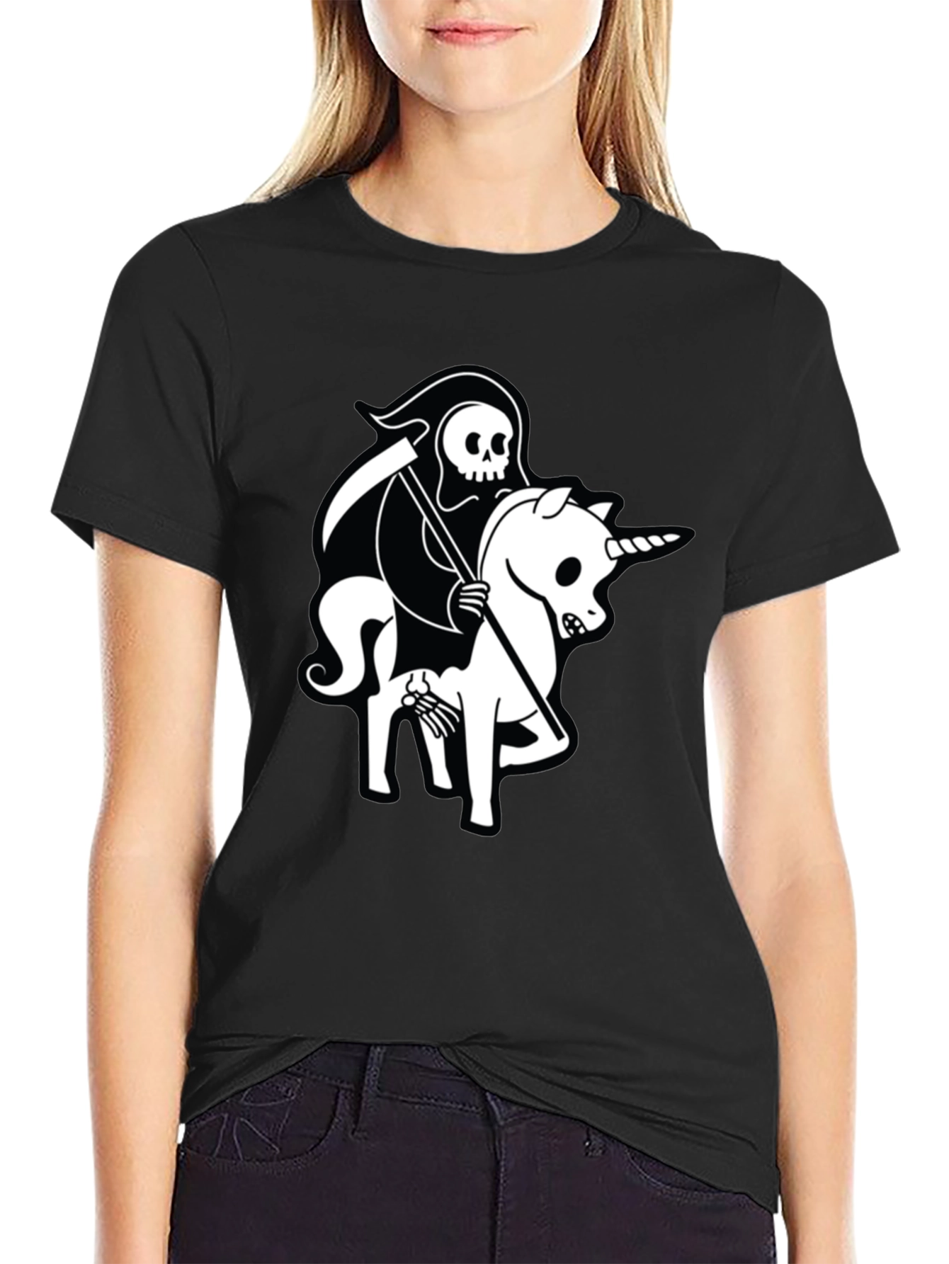 Black Grim Reaper Unicorn Graphic Tee - Black Cotton T-Shirt view 2