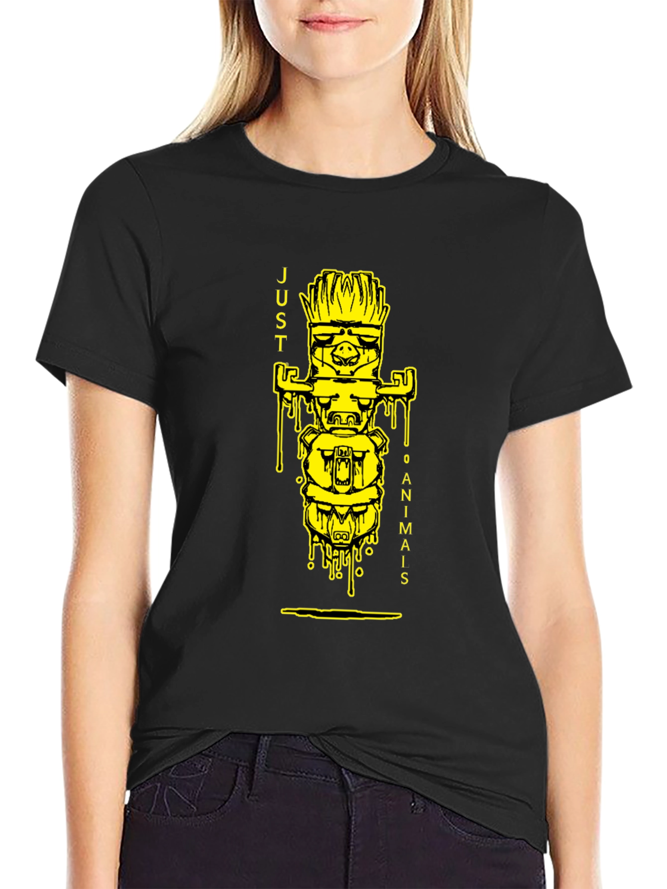 Black Black T-Shirt with 'Just 0 Animais' Totem Design view 2