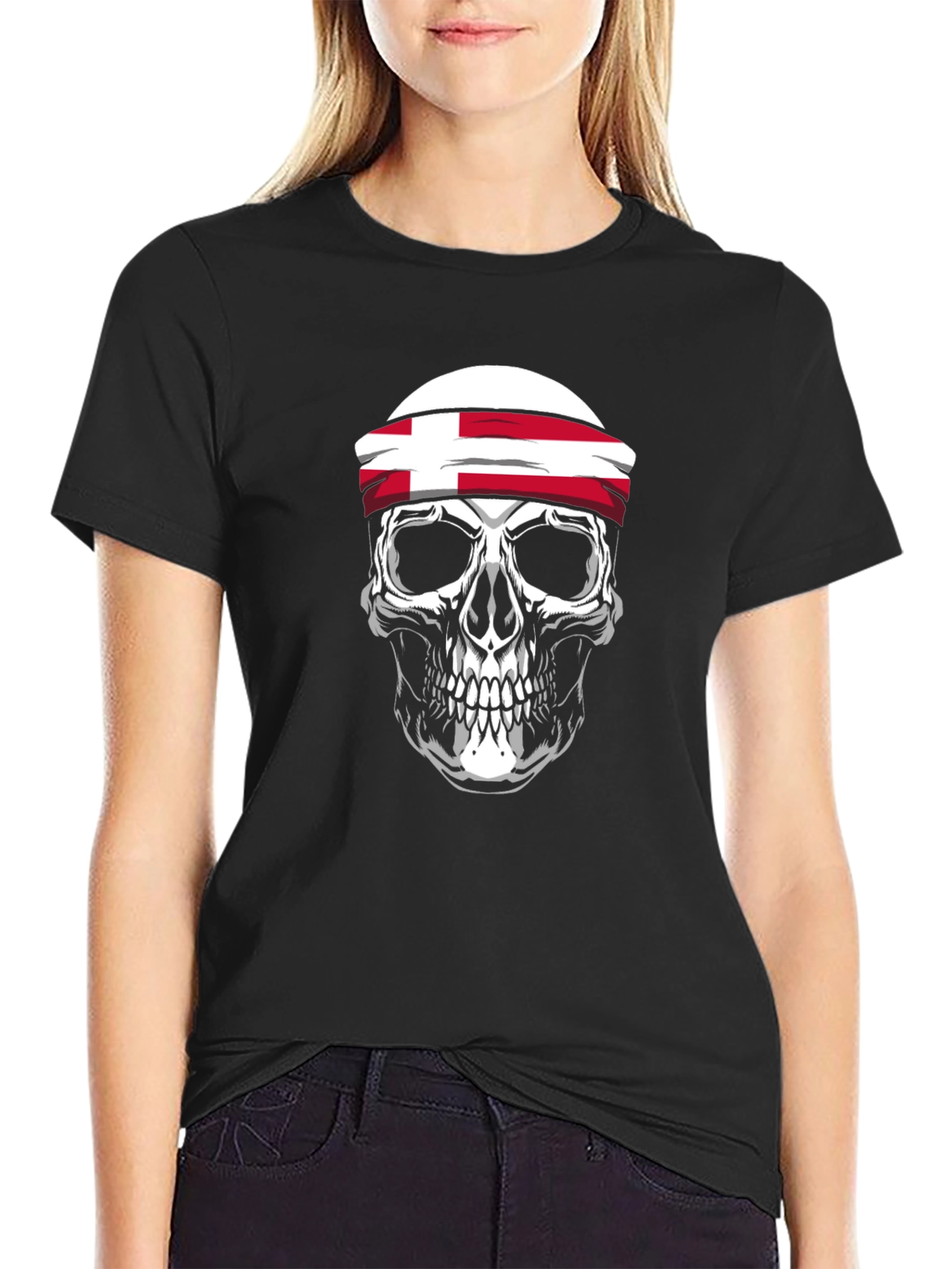 Black Skull with Denmark Flag Headband T-Shirt - Men's Black Tee view 2