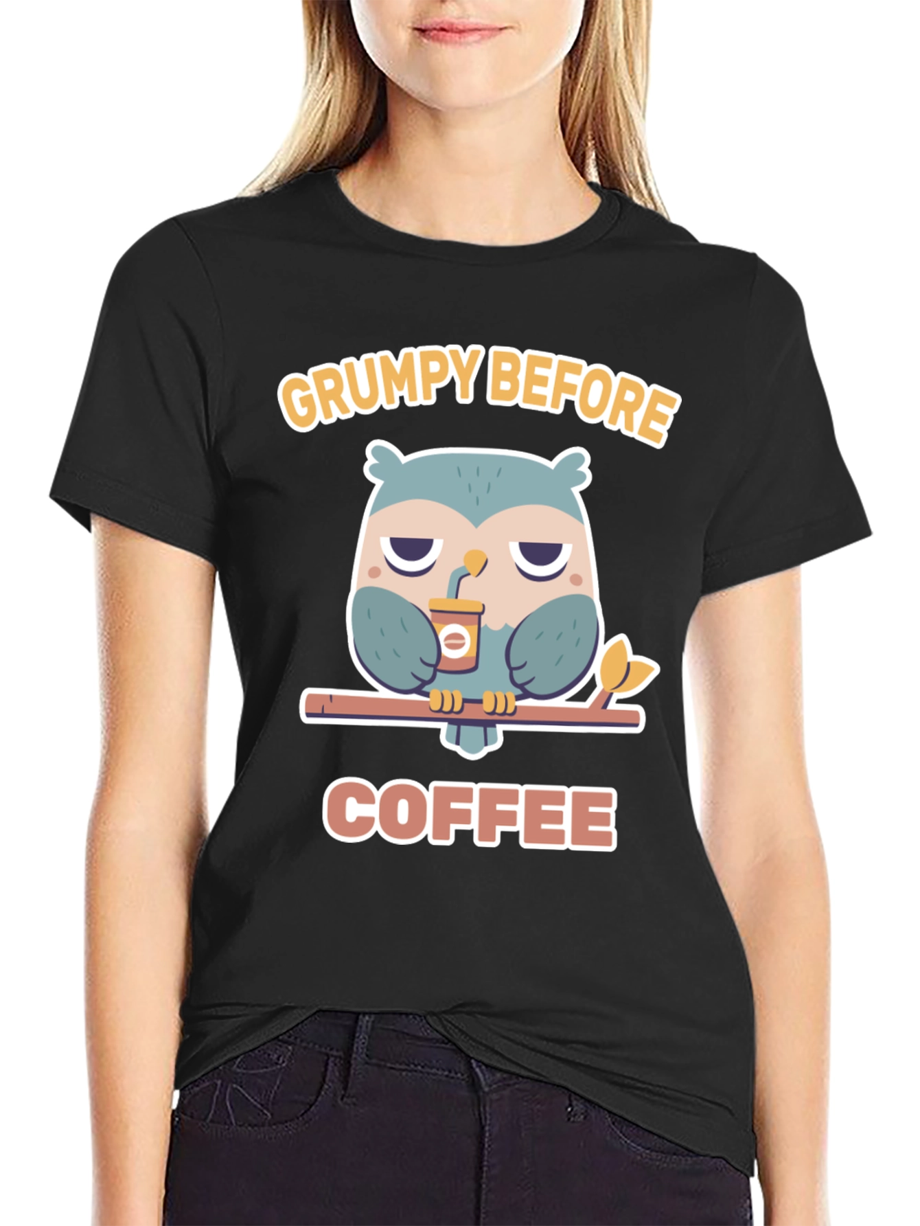 Black Grumpy Before Coffee Owl Graphic Tee view 2