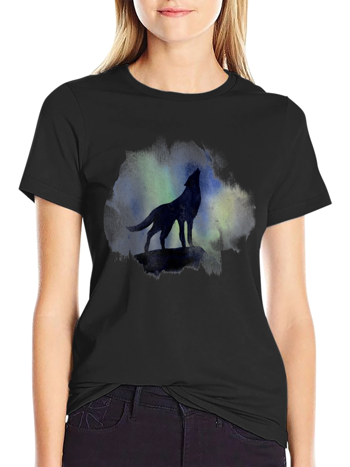 Black Wolf Howling at Aurora Borealis T-Shirt view 2