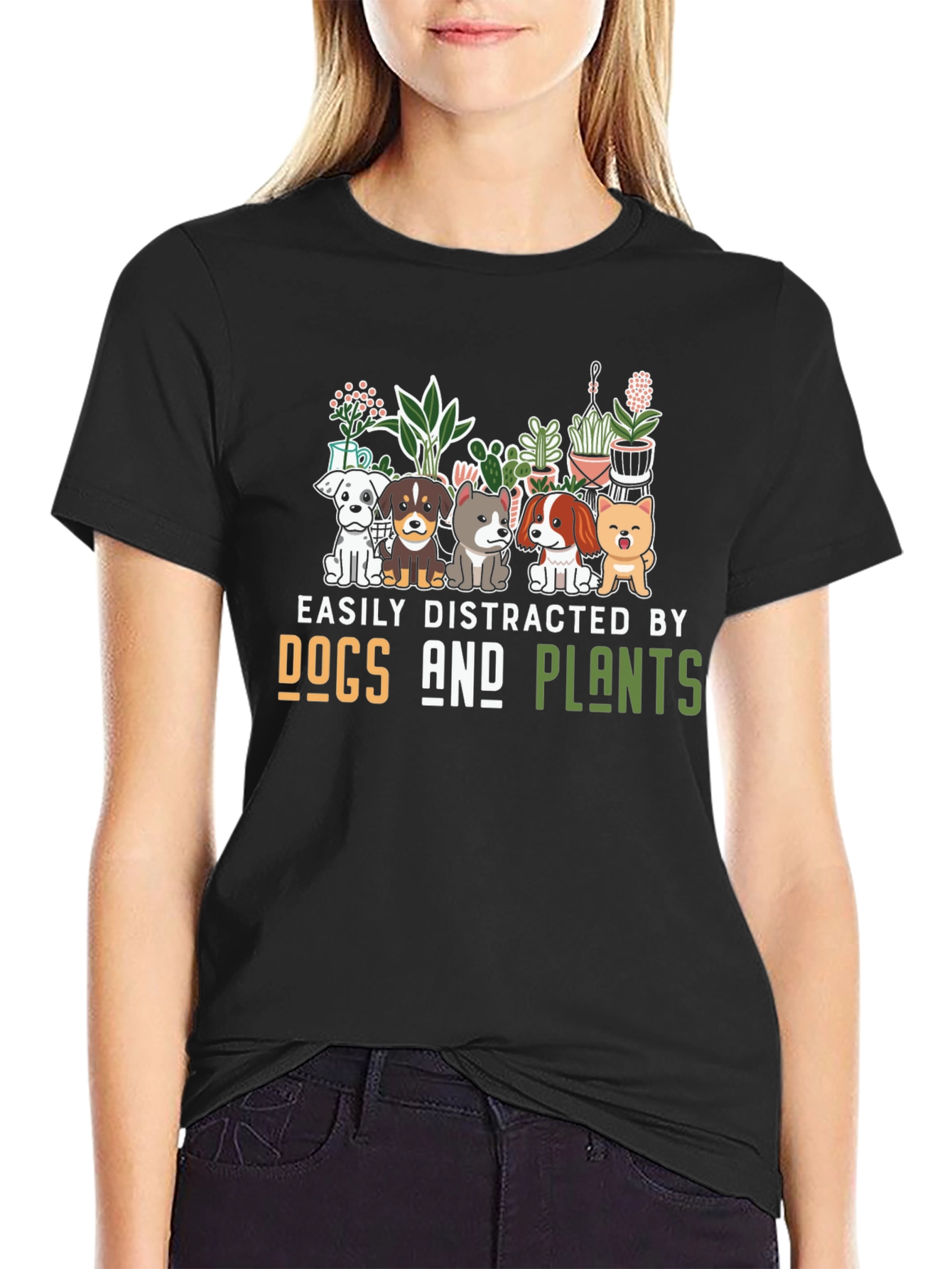 Black Easily Distracted by Dogs and Plants T-Shirt view 2