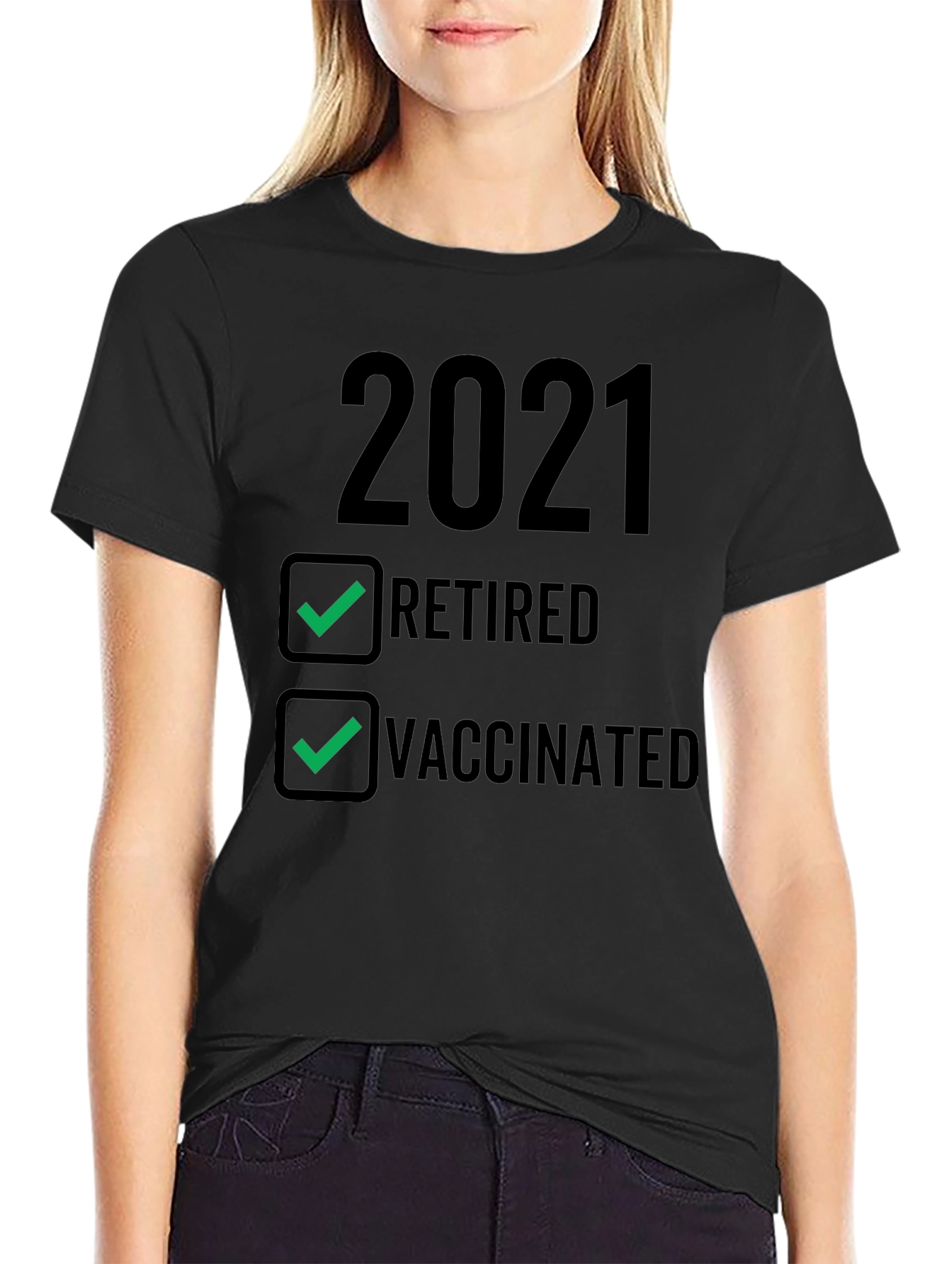 Black 2021 Retired & Vaccinated T-Shirt view 2