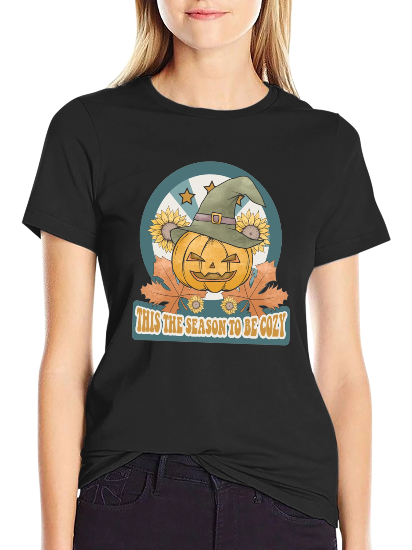 Black Cozy Season Pumpkin Witch Hat Graphic Tee view 2