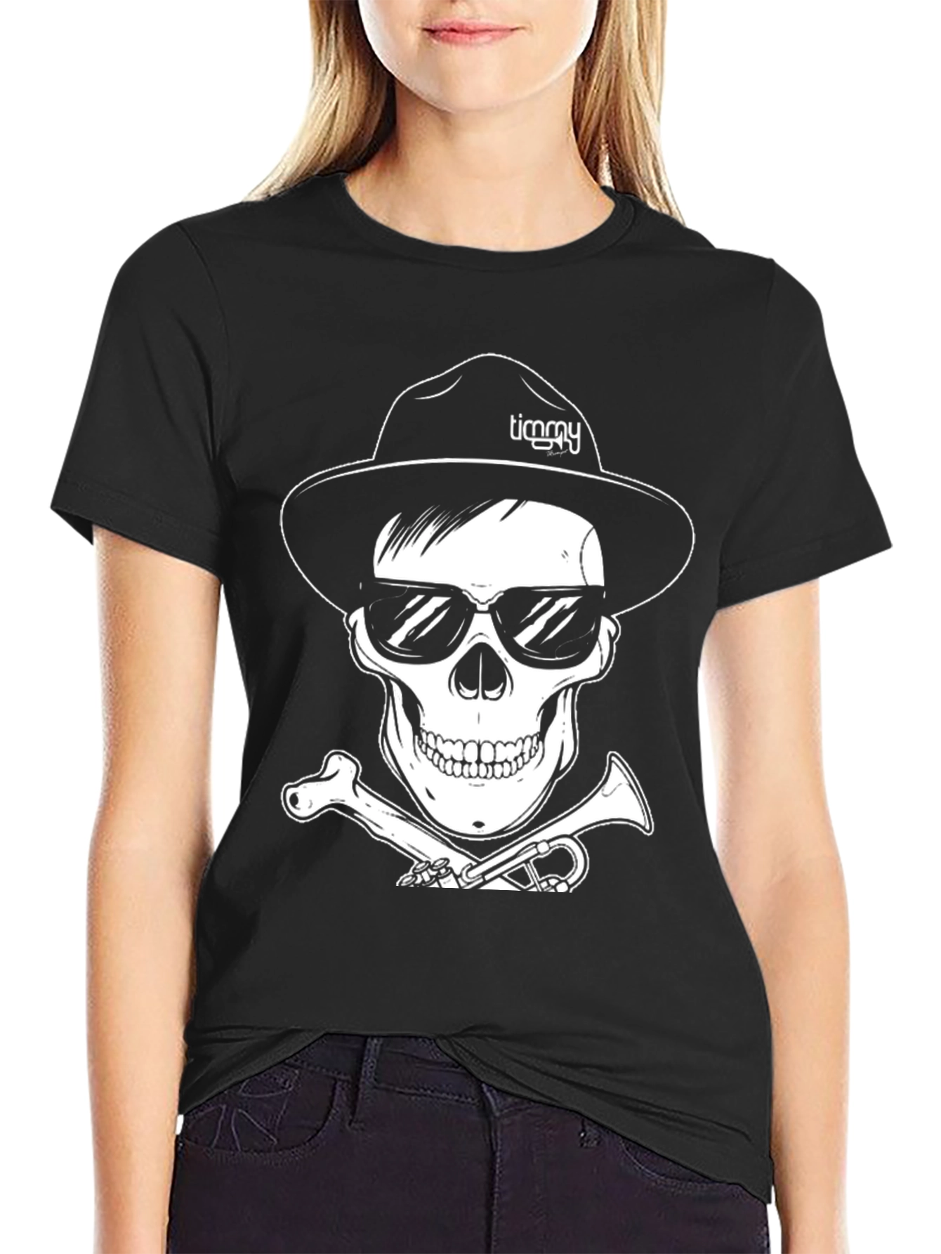 Black Skull with Hat & Sunglasses Graphic Tee view 2