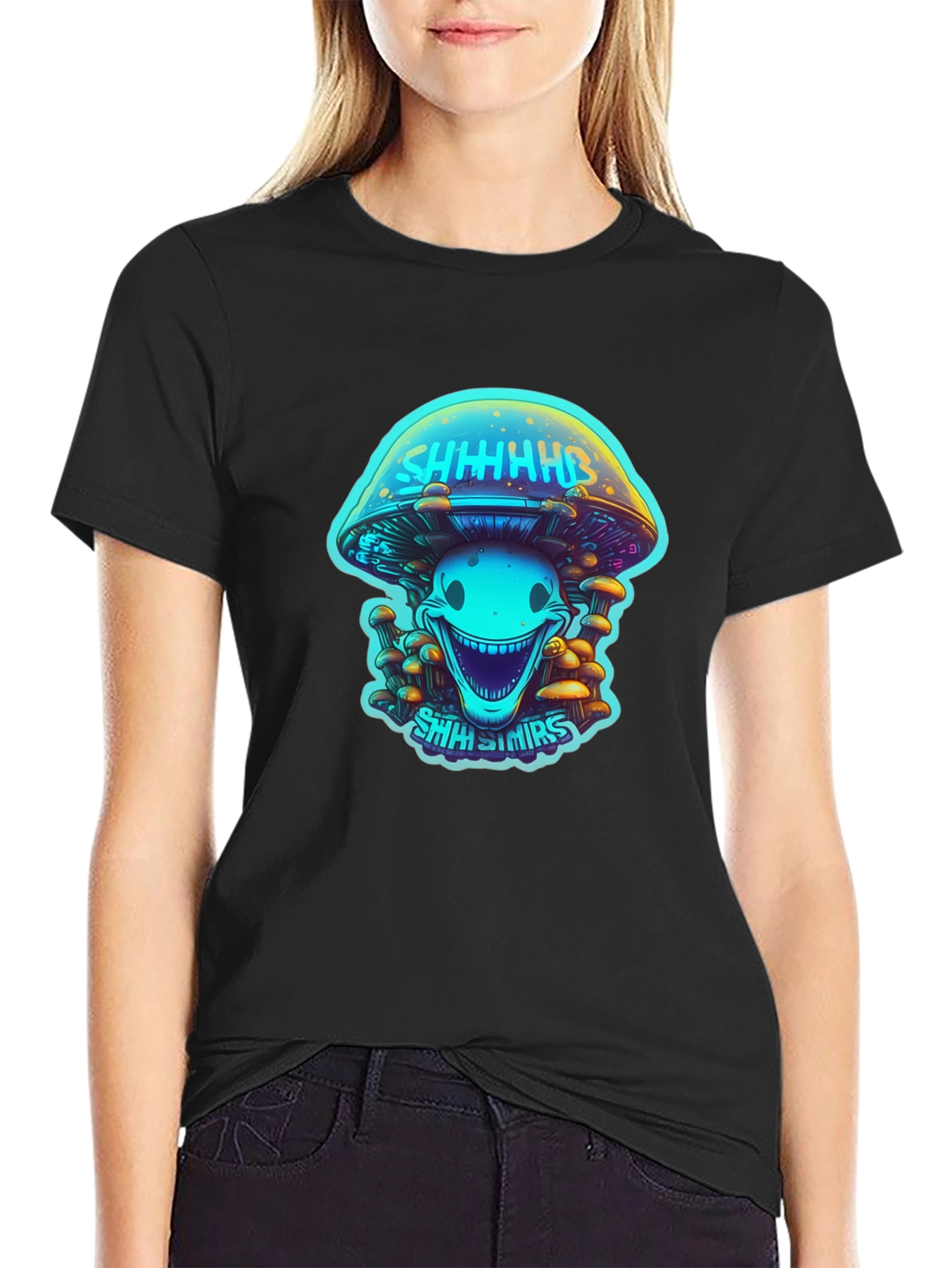 Black Trippy Mushroom Graphic Tee - Black Cotton Blend view 2