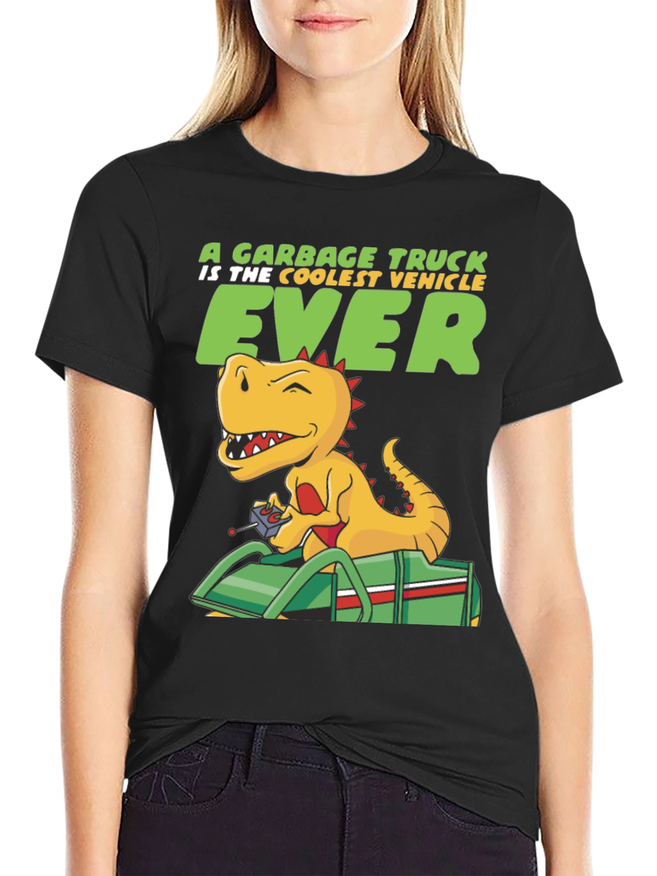 Black Cool Dinosaur Garbage Truck T-Shirt view 2