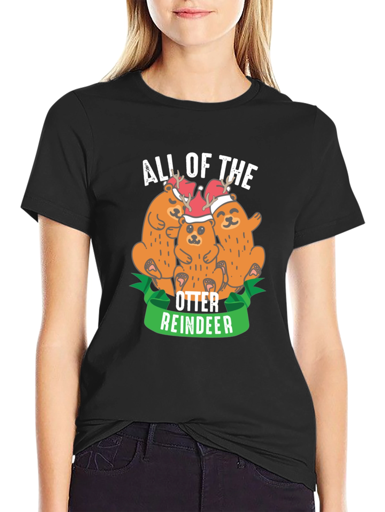 Black All of the Otter Reindeer Black T-Shirt view 2