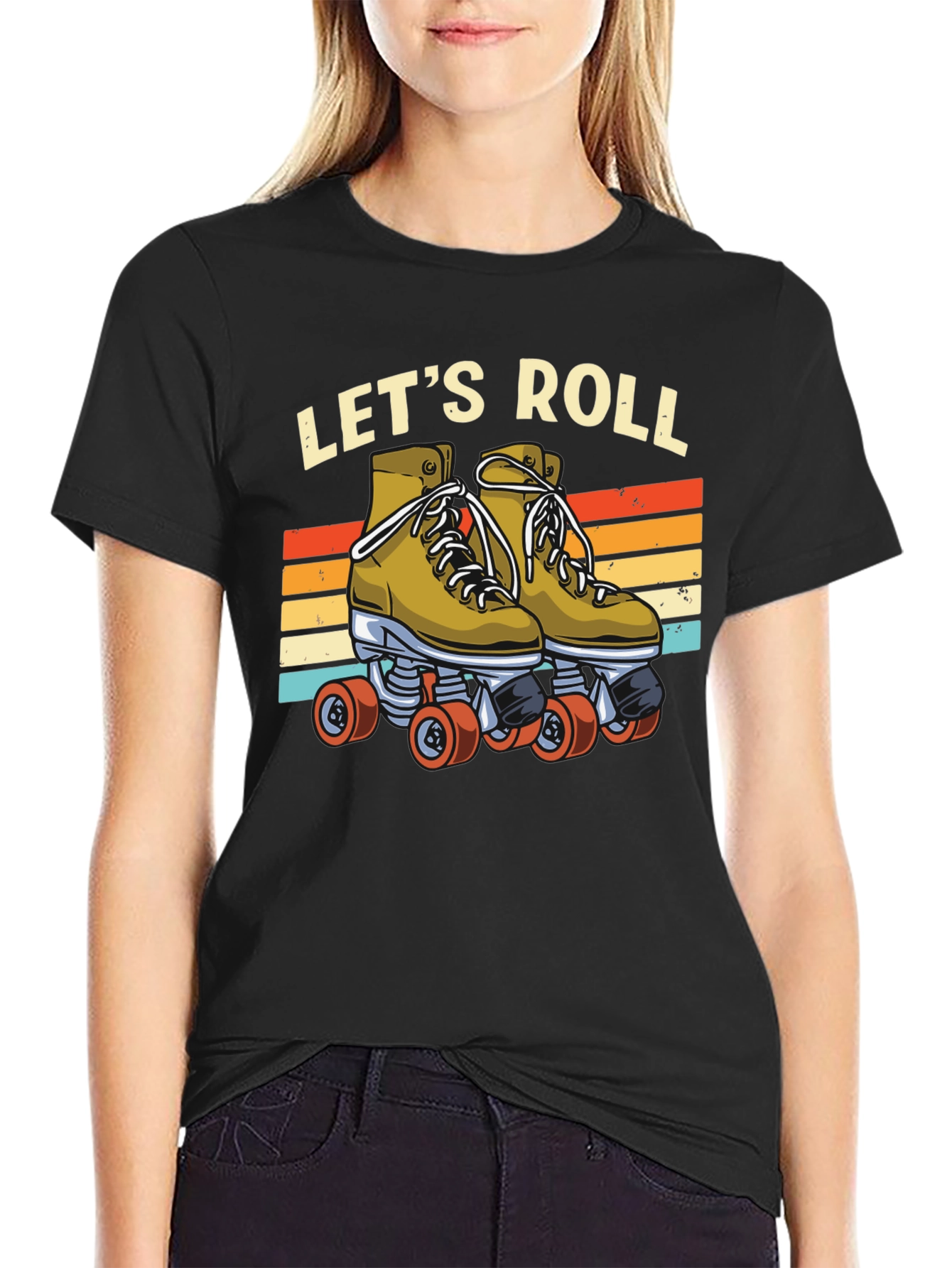 Black Let's Roll Retro Roller Skate T-Shirt view 2