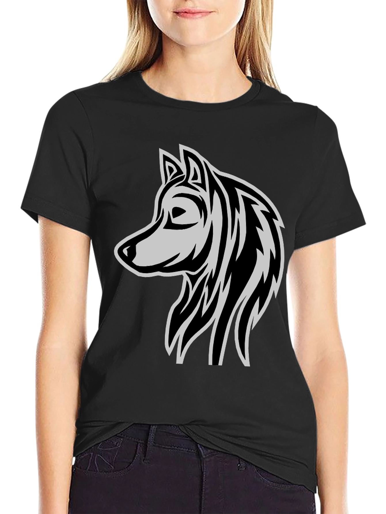Black Wolf Graphic Black T-Shirt - Stylish Animal Design view 2