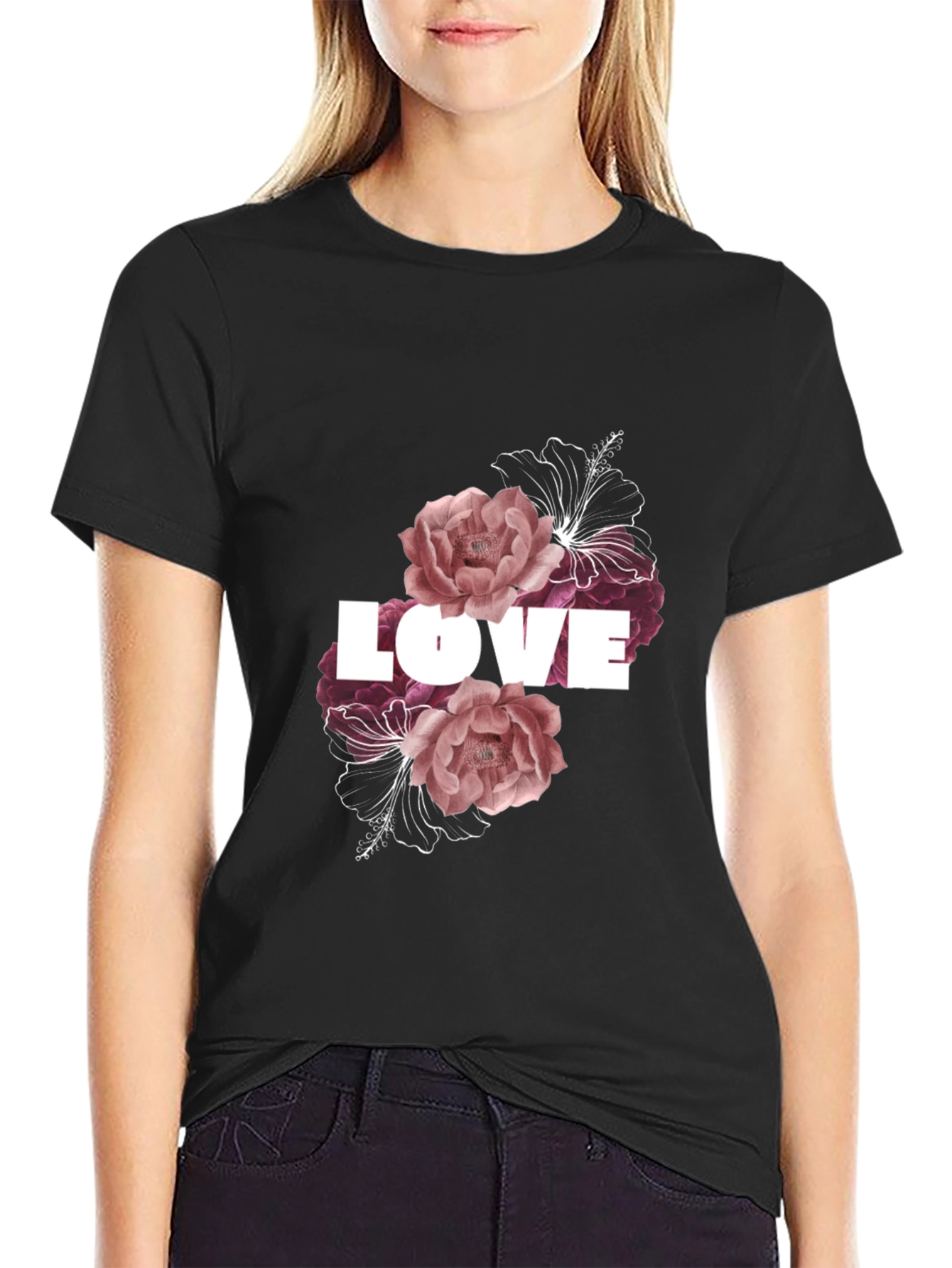 Black Floral Love T-Shirt - Black view 2