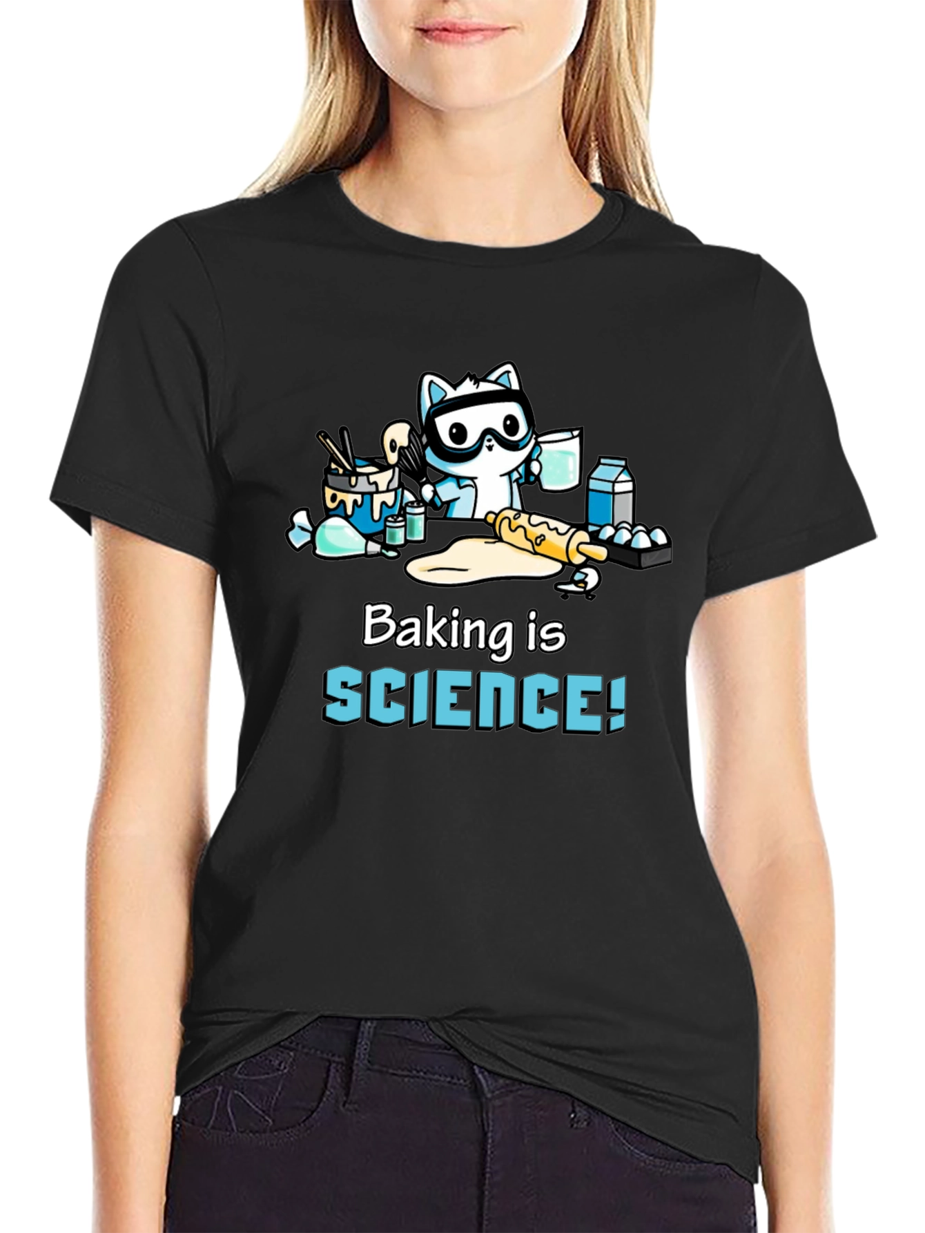 Black Baking is Science! T-Shirt with Cute Cat Baker view 2