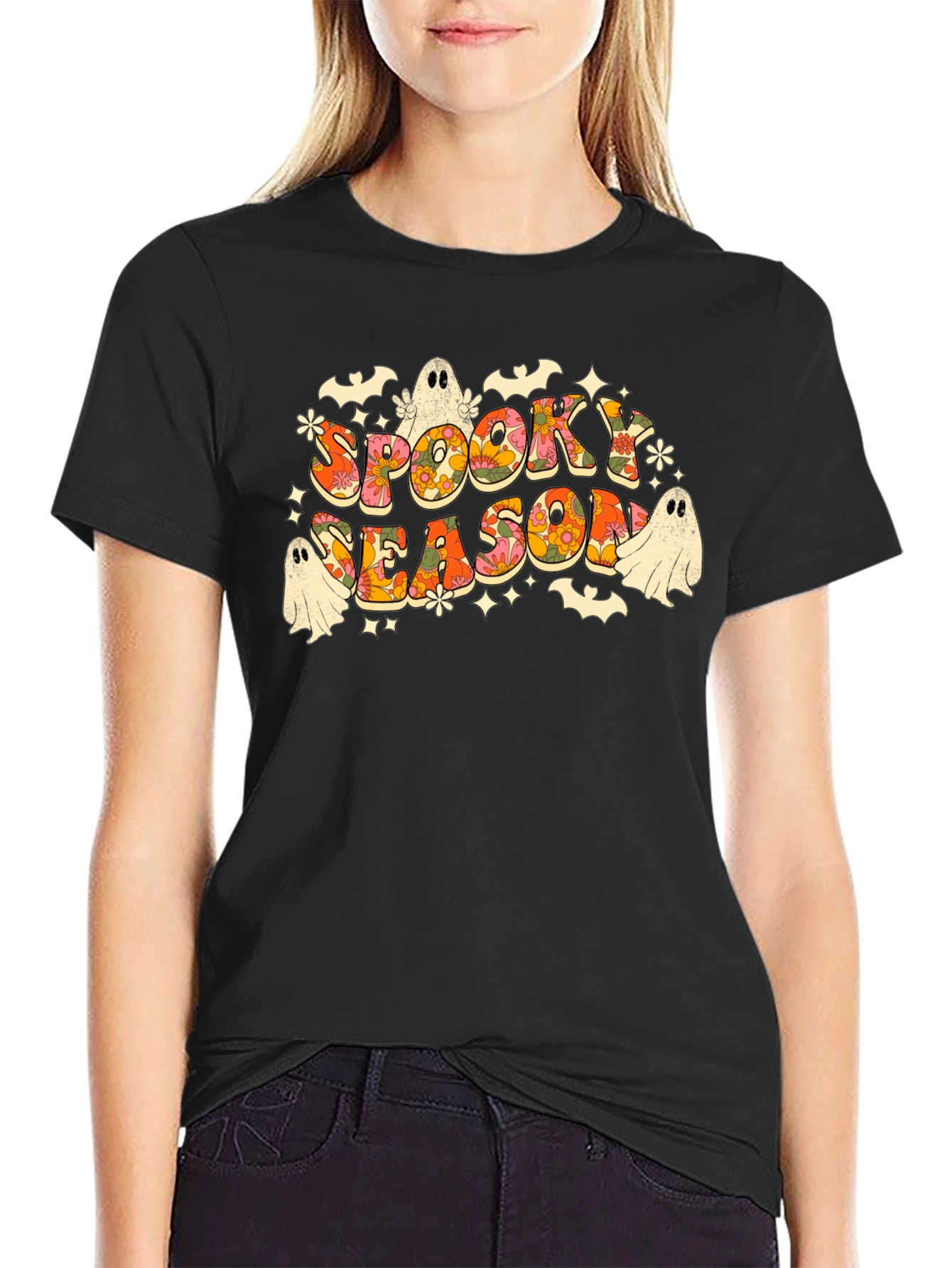 Black Spooky Season Retro Halloween Graphic T-Shirt view 2