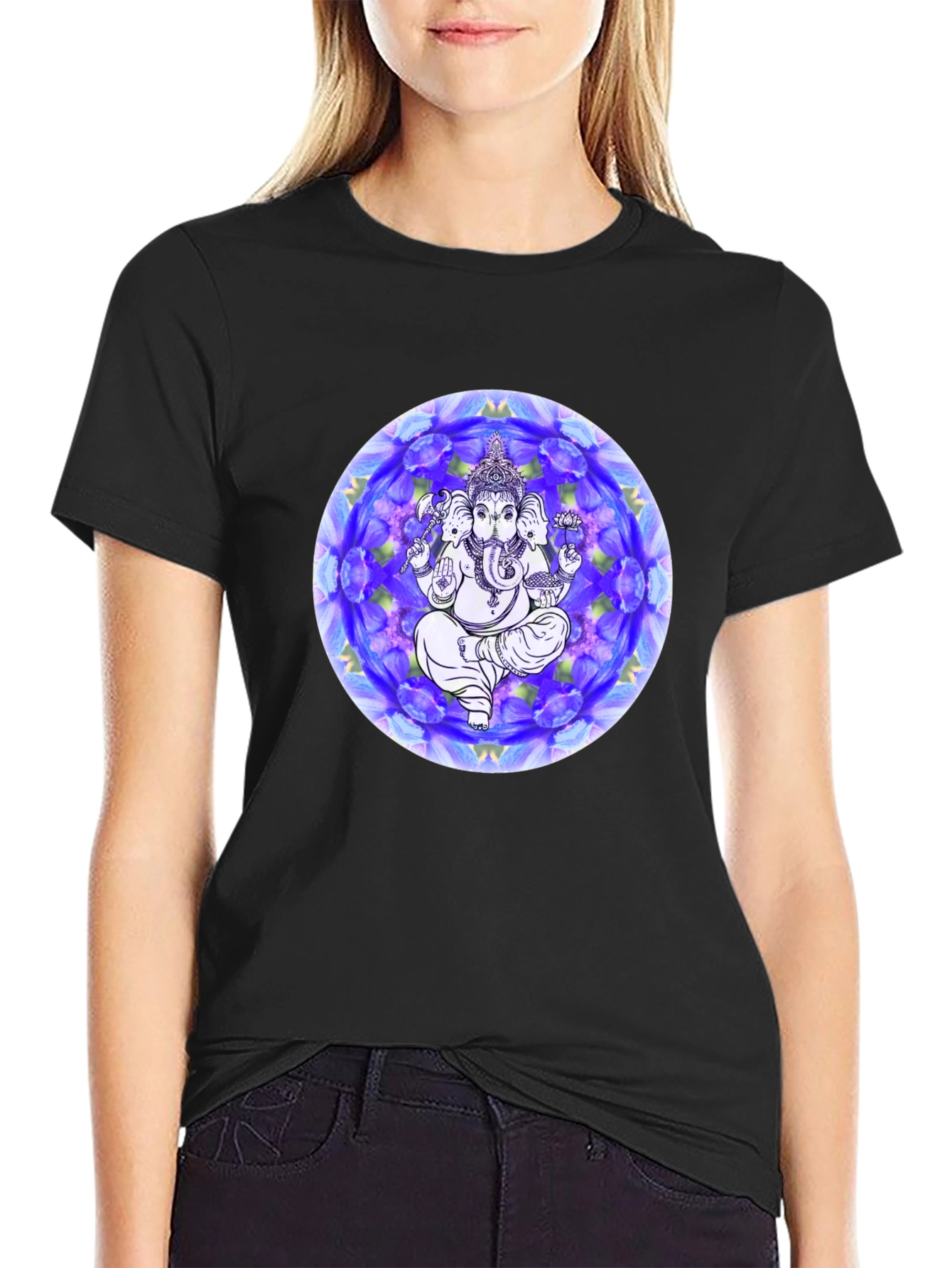 Black Ganesh Mandala Graphic Tee - Black Cotton T-Shirt view 2
