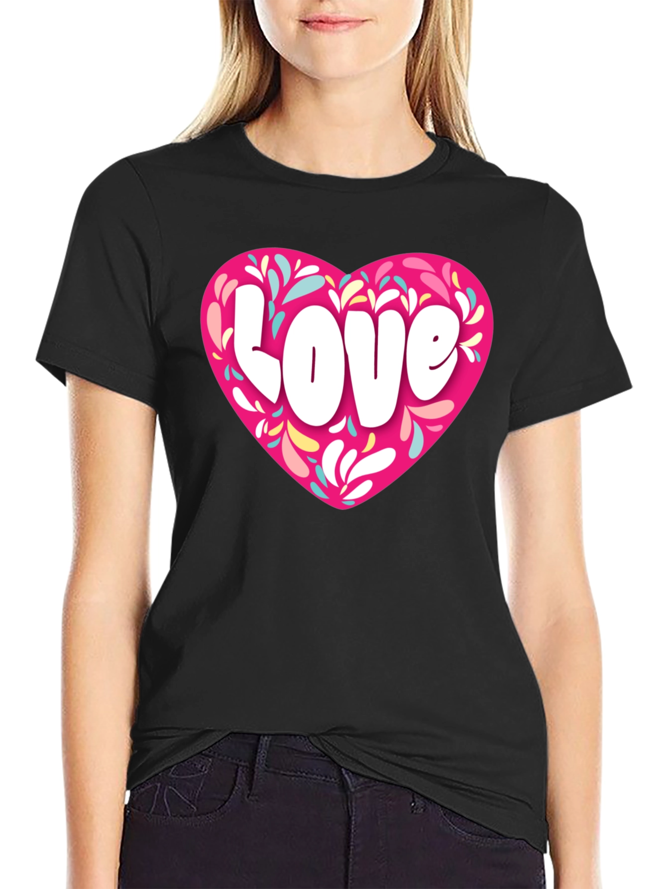 Black Love Heart Graphic Black T-Shirt view 2