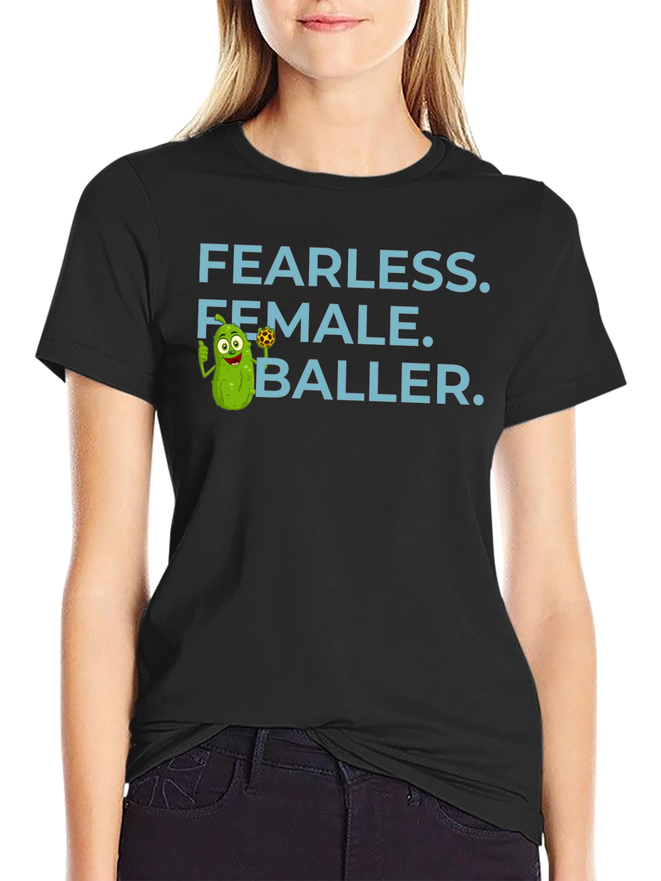 Black Fearless Female Baller T-Shirt - Funny Pickle Cartoon view 2