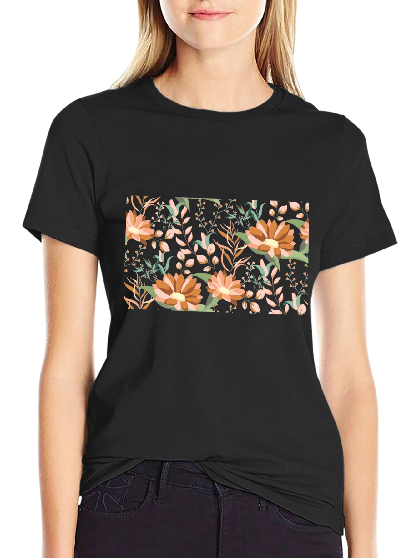 Black Floral Print Black T-Shirt view 2