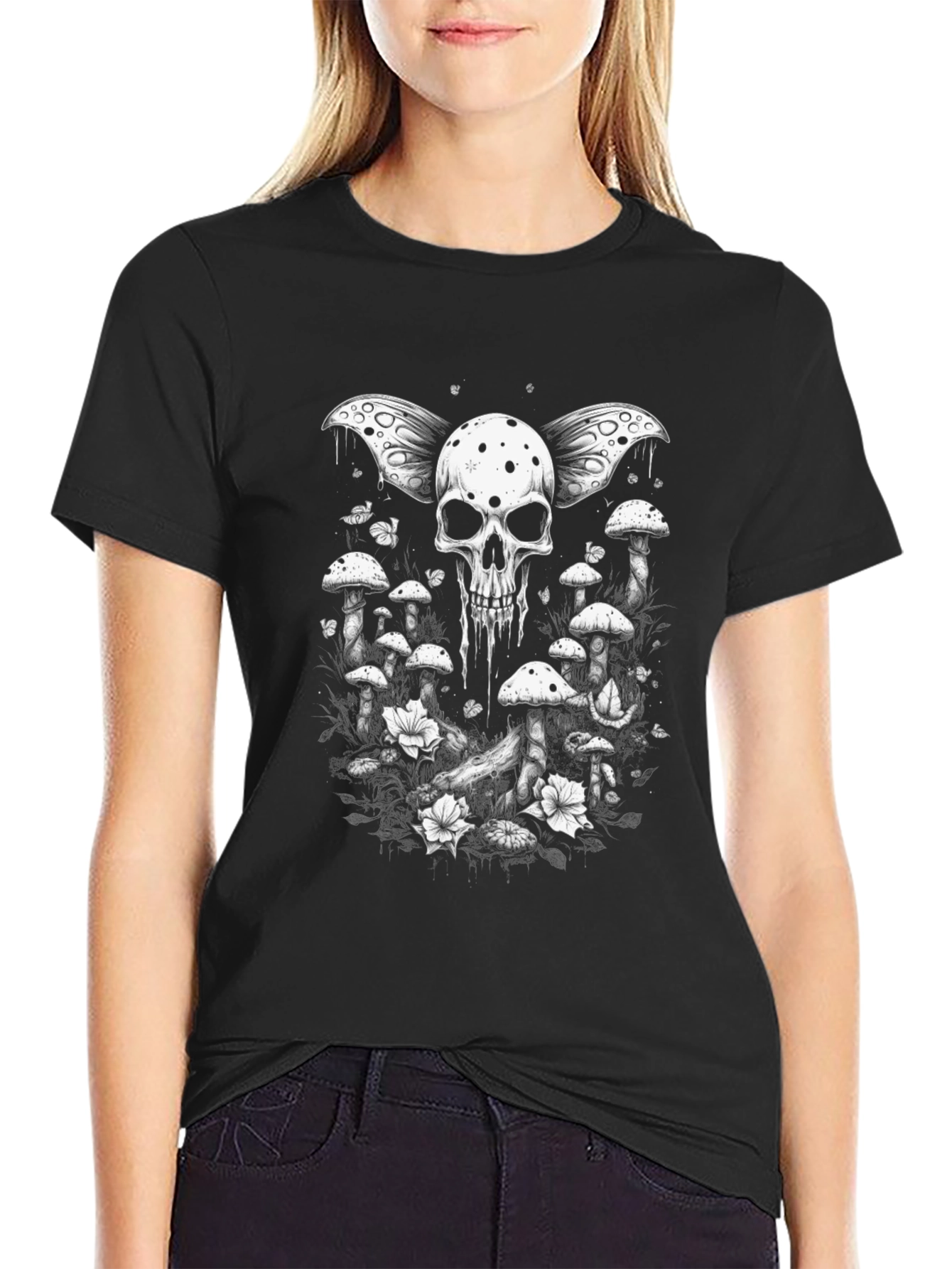 Black Skull & Mushroom Graphic Tee view 2
