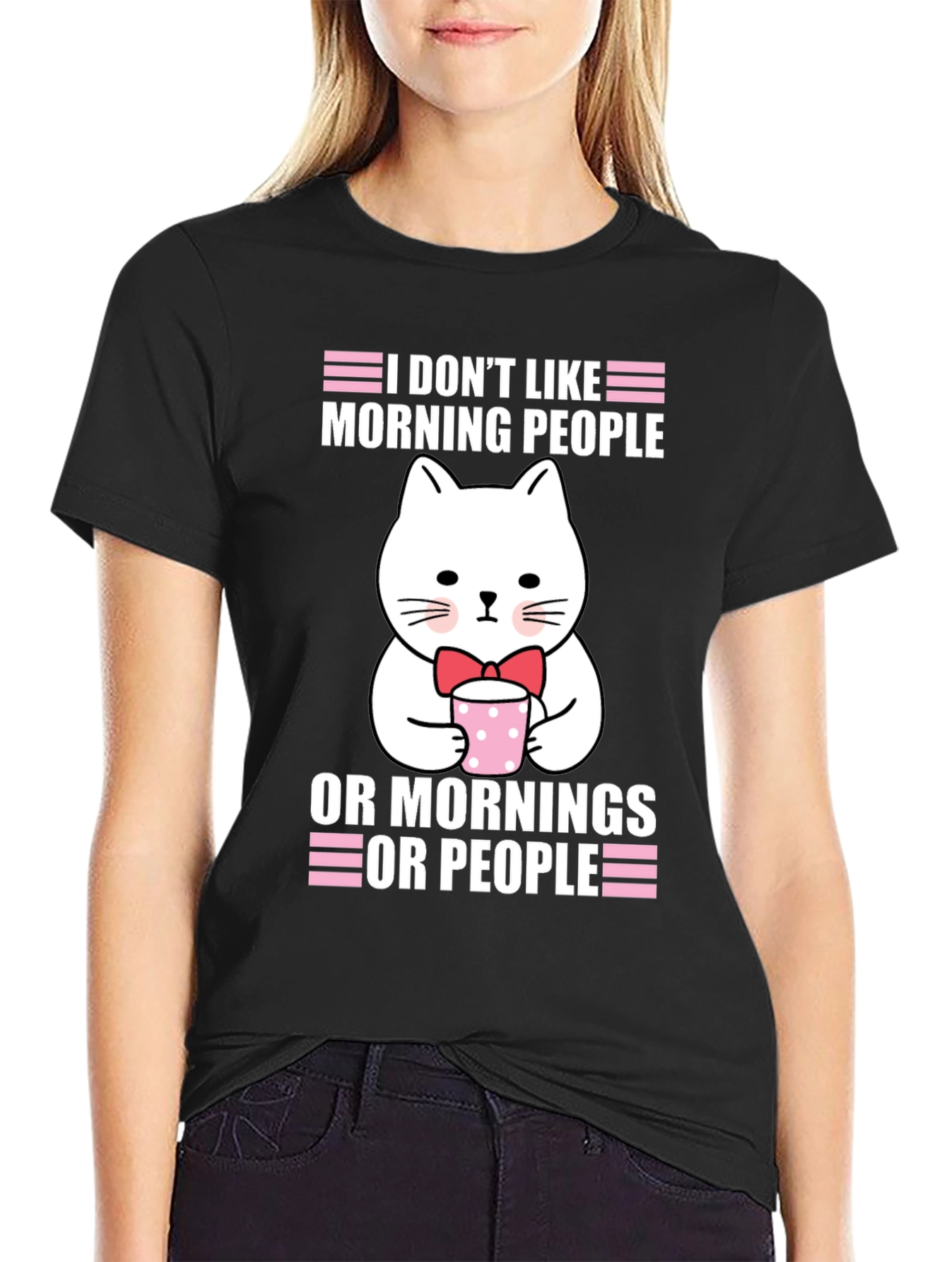 Black Funny Cat T-Shirt - I Don't Like Morning People view 2