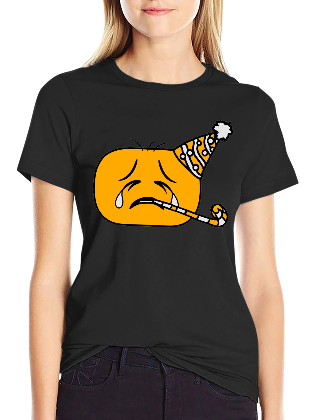 Black Sad Party Emoji Graphic T-Shirt - Black Crew Neck view 2
