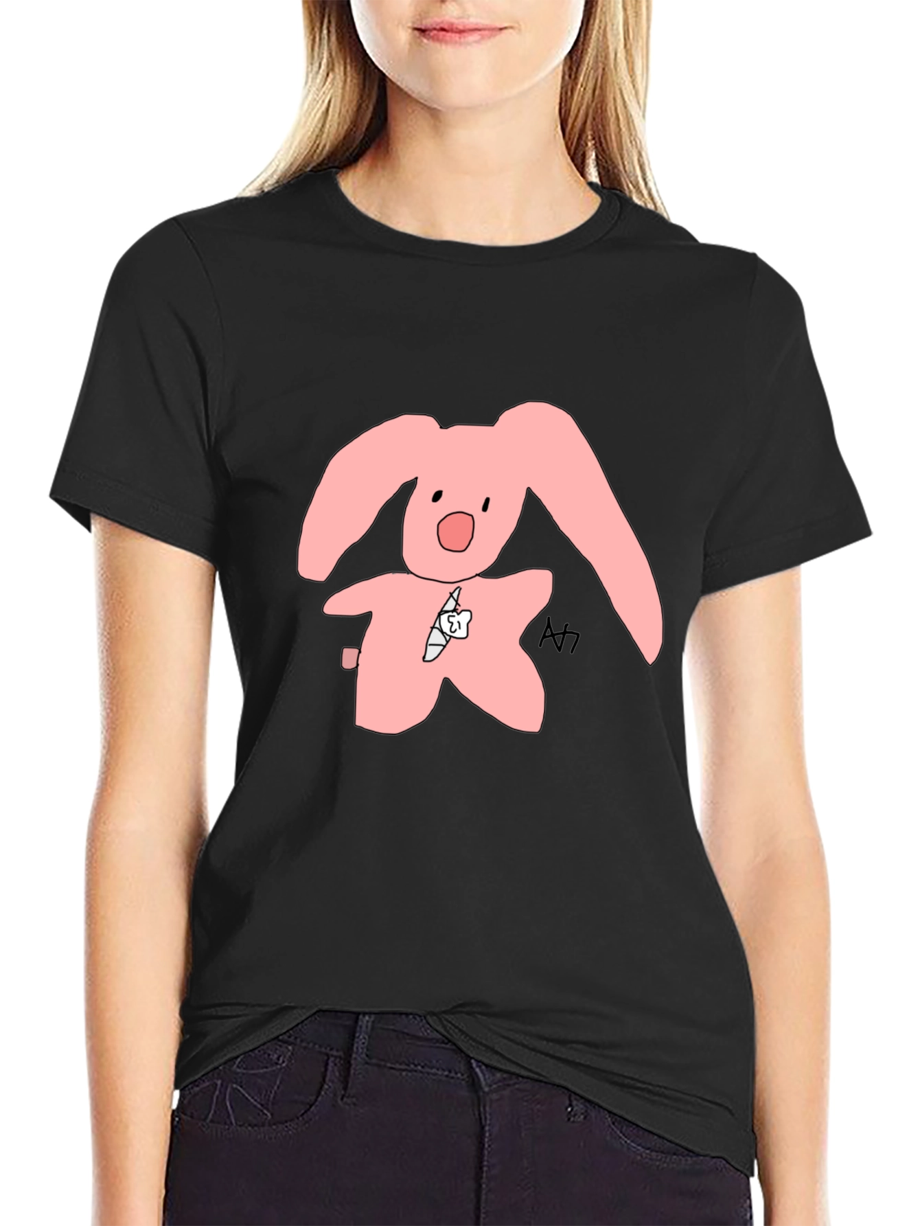 Black Pink Bunny Graphic Tee - Soft Cotton Blend view 2